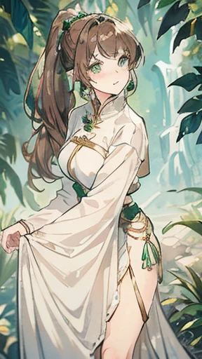 A young woman with light brown hair and a ponytail wearing a fantasy white costume、Green Eyes