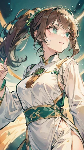 A young woman with light brown hair and a ponytail wearing a fantasy white costume、Green Eyes
