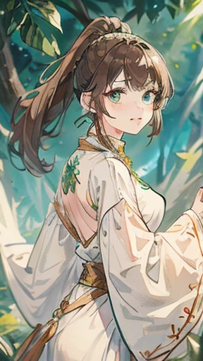 A young woman with light brown hair and a ponytail wearing a fantasy white costume、Green Eyes