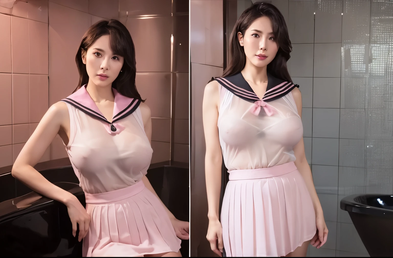 stand far away, (((Dark Lighting))), (masterpiece, highest quality:1.2), photo realistic, (((Very large pink bathroom with one large bathtub ))), One MILF stand side by side, Elegant temperament, Full body image of 60 old Japanese lady, facial wrinkles, extra detailed face, stand upright, facing the center of the screen, Pose that shows your belly button, Highly detailed eyes, ((Sleeveless and see-through sailor suits)), (very short See-through pleated skirt), (((black collar))), big and round hips, sensual body, huge breasts :1.5, and saggy breasts:1.5, curvy hourglass figure, beautiful long hair, (((Perfect Anatomy)))
