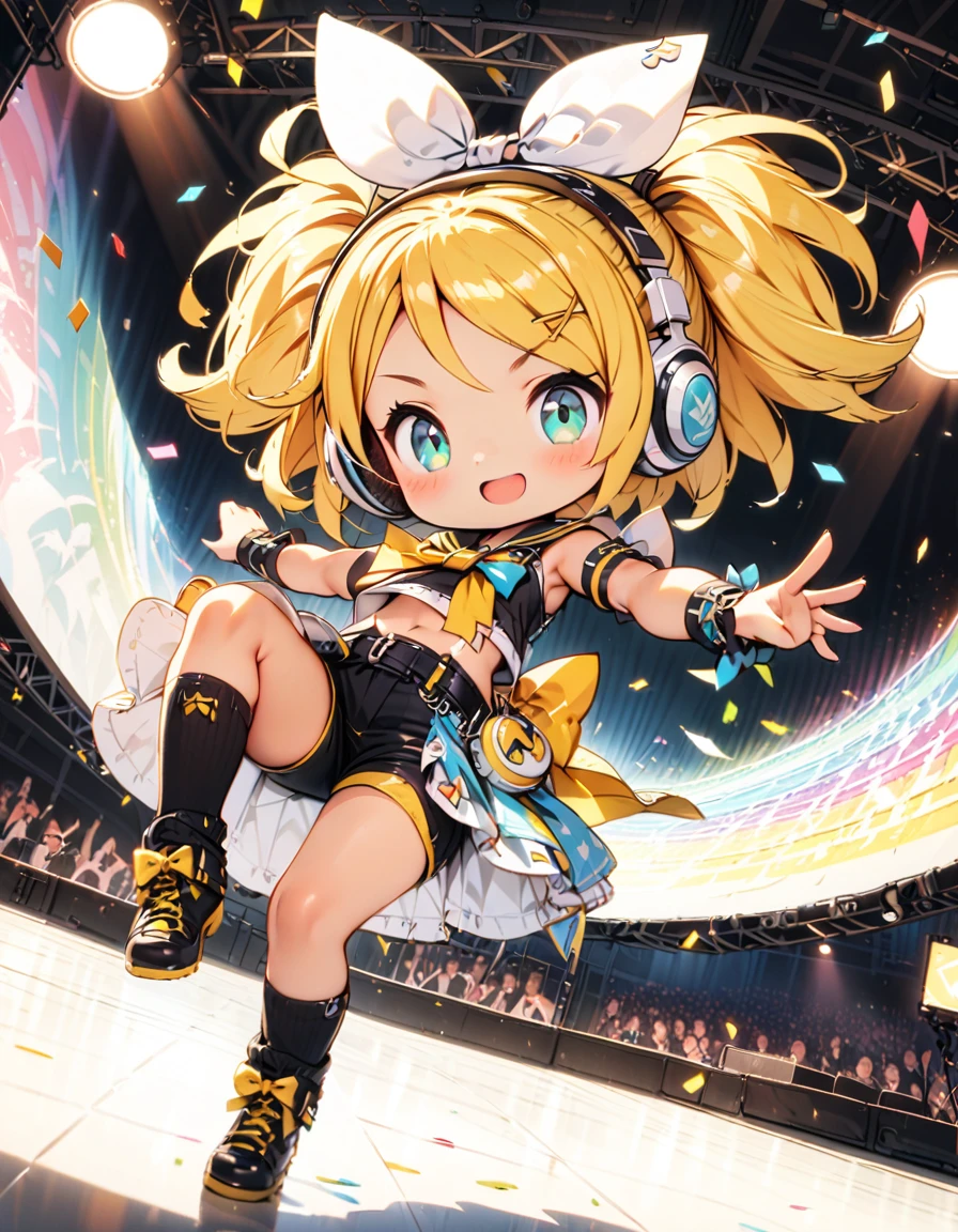 KAGAMINE RIN\(vocaloid\),solo,1female\(cute,kawaii,age of 10,KAGAMINE RIN\(vocaloid\),light yellow hair, short hair,red tattoo of numbers"02" on shoulder,(big white bow),sleeveless white shirt,detached black arm bell sleeves,(arm sleeves are black bell sleeves:1.2),belt,sailor collar,yellow wide tie,white headphones,black shorts,black  knee high leg warmers,yellow key strap at belt,open shoulder,singing and dancing,(very cute pose),(korean idol pose),dynamic pose,(cute big smile),(full body),looking away\), BREAK ,background\((live stage),colorful confetti,pastel color spotlights,(many colorful music notes),(many audience),\), BREAK ,quality\(8k,wallpaper of extremely detailed CG unit, ​masterpiece,hight resolution,top-quality,top-quality real texture skin,hyper realisitic,increase the resolution,RAW photos,best qualtiy,highly detailed,the wallpaper,cinematic lighting,ray trace,golden ratio\),RIN is so so cute,dynamic angle,long shot,wide shot,(aerial view:0.3),[chibi],(anatomically correct hand),5fingers