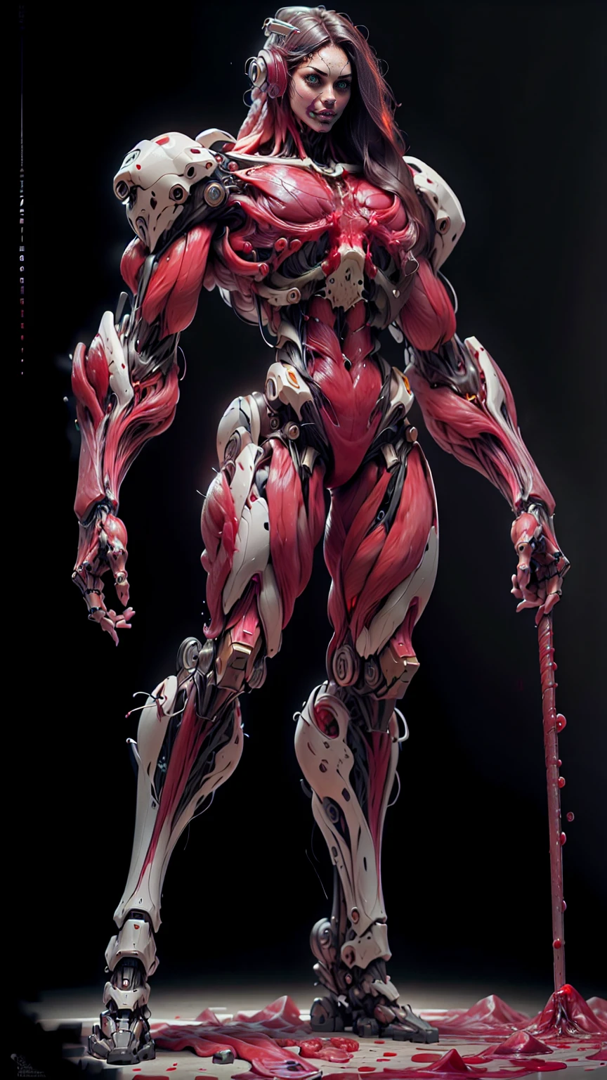 (1 girl), (megan fox:1.25), (muscular android girl wearing a blood red anatomic bio-mecha cybernetic muscle suit:1.25), (wide shoulders:1.25), (muscular defined physique:1.25), (large breasts), perfect hands, (long hair:1.25), looking at viewer, high resolution image, extreme detail, blank background