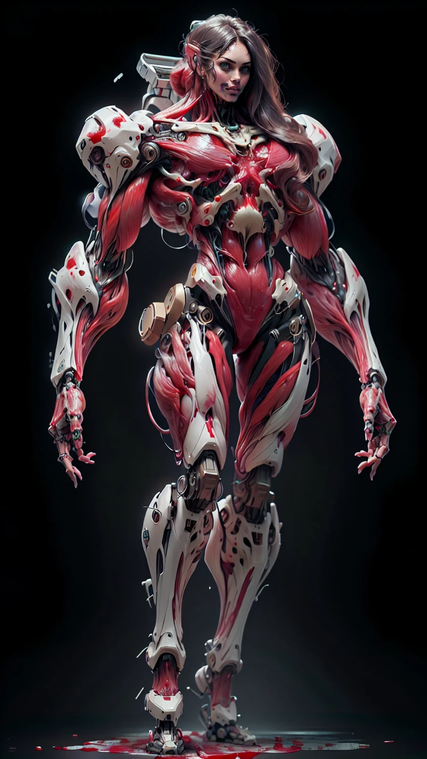 (1 girl), (megan fox:1.25), (muscular android girl wearing a blood red anatomic bio-mecha cybernetic muscle suit:1.25), (wide shoulders:1.25), (muscular defined physique:1.25), (large breasts), perfect hands, (long hair:1.25), looking at viewer, high resolution image, extreme detail, blank background