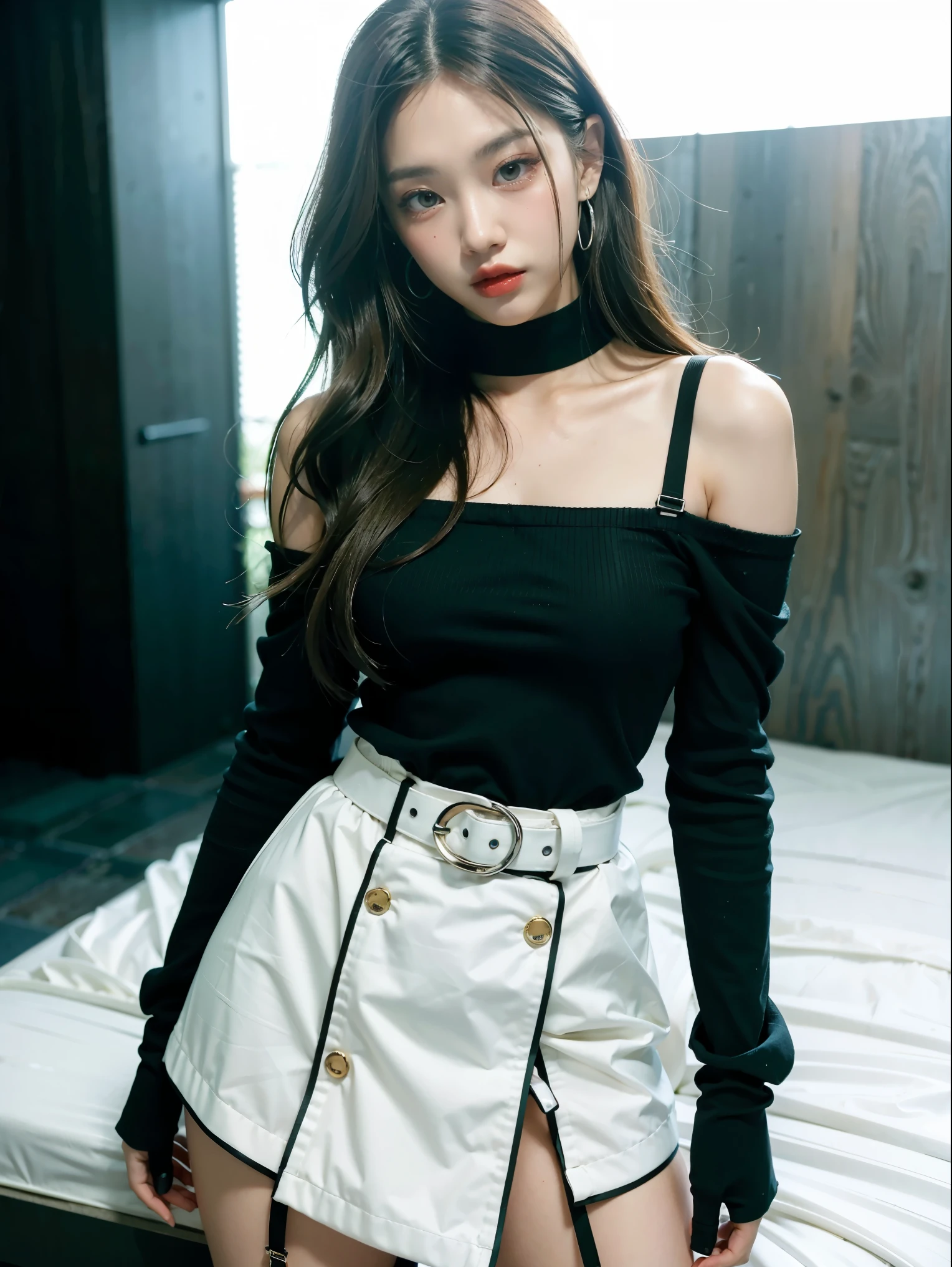 Lisa long hair, Lisa face shape, black suspender undershirt (long sleeves, bare shoulders, open waist), white miniskirt, belt at waist, light green high boots, sexy, open waist, long legs, rich details, masterpiece, superlative, realistic, HD, photographic lighting, 16k