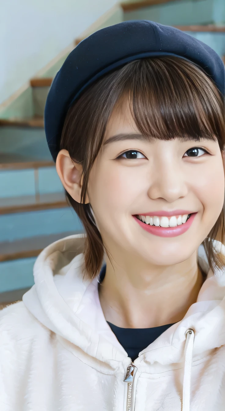 8K、highest quality、Clear beauty、hoodie、smile、Beautiful teeth alignment、(Gums are visible)Black Hair、Short Haircut、hat、ear piercing、Upper Body、The background is a staircase