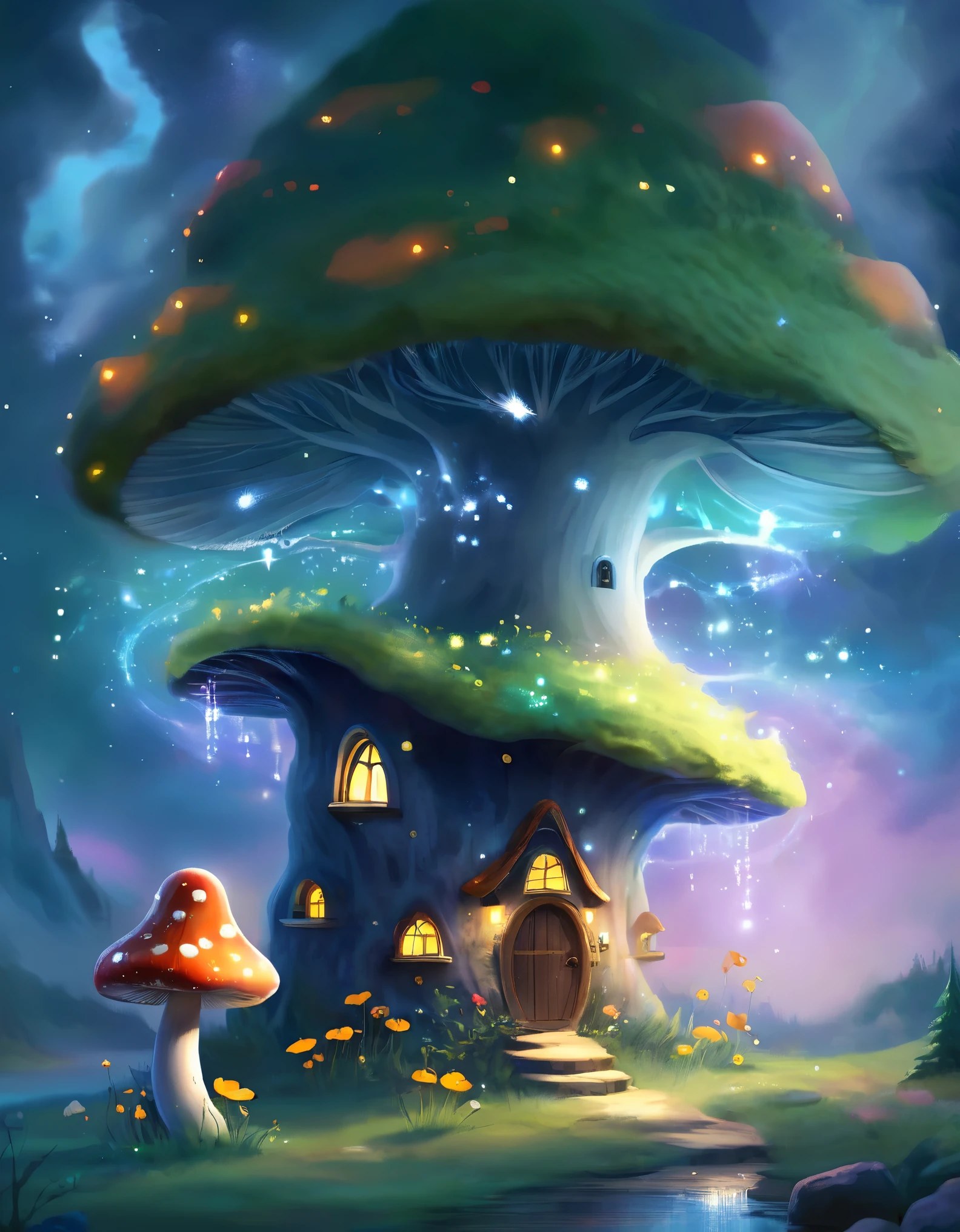A mushroom house，forest，Glowing fireflies，aurora，Elf，8k，HD---3828521721