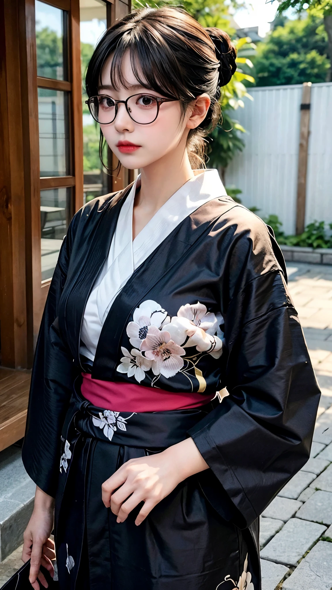 Best quality: 1.4, high resolution, bright, 1 girl, black hair, glasses, yukata