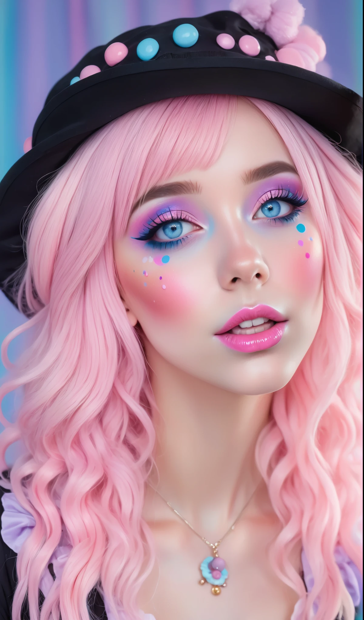 Arafed woman with pink hair and blue eyes wearing a hat, Pastell Make-up, Anime-Stimmung, y 2 k sweet core clown core, belle delphine, Anime inspiriert, Kawaii realistic portrait, Zuckerwatte, Rosa und Blau colour, Rosa und Blau, sweet core clown core, Pastel Gothic aesthetics, elfenbein, Decora inspiriert, bunte Pastell, Rosa Gesicht