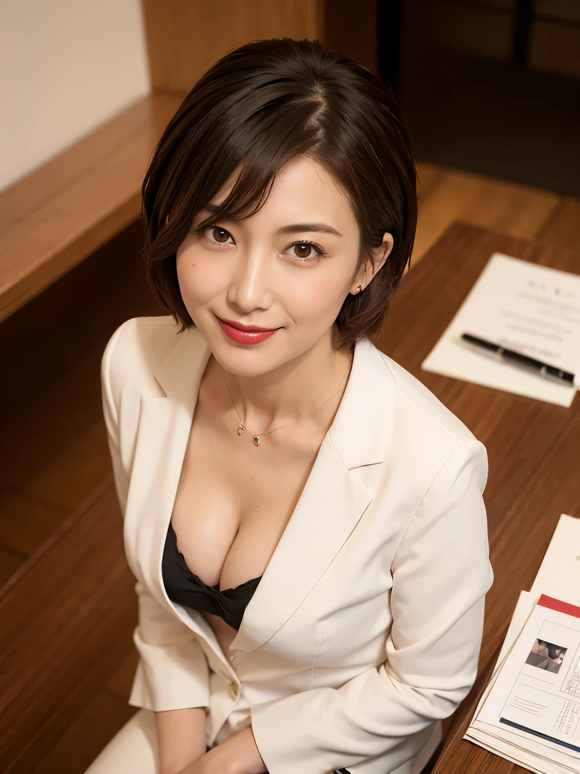 One Japanese woman, Detailed face, Red lipstick, Alluring expression, From the chest up, highest quality, Very detailed, Perfect Anatomy, In a suit, Short Hair, Straight Hair, Age 37, mature, Sexy smile, Well-shaped D-cup breasts, slouch, Cleavage, Modern large office, (Looking at the camera), (From above)