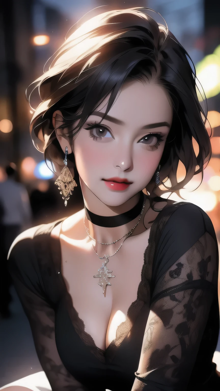 Sexy pose, night, Latina, face, Sweaty, ((masterpiece)), ((highest quality)), ((Intricate details)), (Surreal)), An absurd solution,, Mature Woman, perspective, Very detailed, figure, ((One girl)), (((big)), Perfect hands, Detailed fingers, Beautiful fine details, short hair, Brown eyes, Cleavage, Rainbow Dress, Black Choker, Earrings, stockings, Detailed Background, Perfect Eyes, Viewers from the front, Open legs,