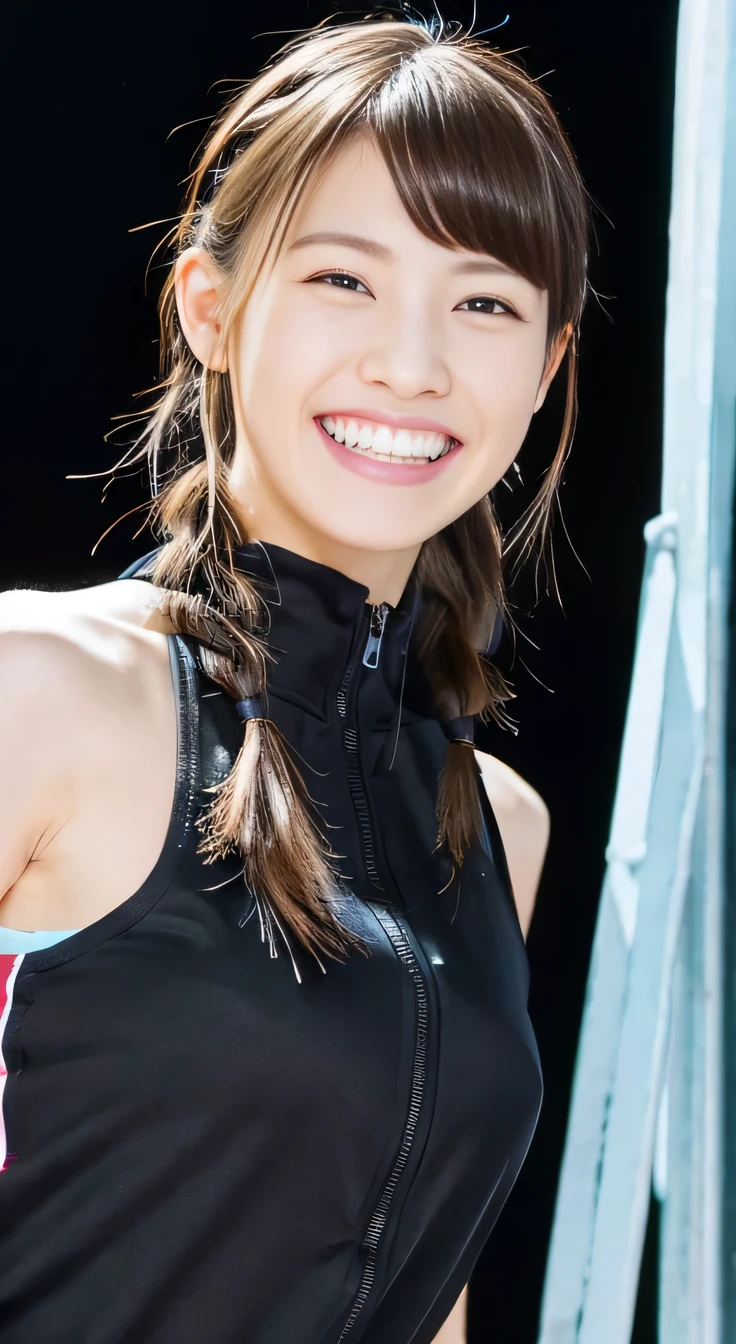 8K、highest quality、Clear beauty、hoodie、smile、Beautiful teeth alignment、(Gums are visible)Black Hair、Hairstyle braid、ear piercing、Upper Body、The background is a staircase