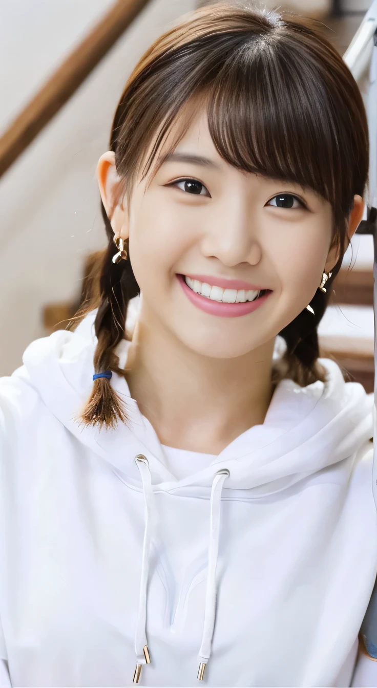 8K、highest quality、Clear beauty、hoodie、smile、Beautiful teeth alignment、(Gums are visible)Black Hair、Hairstyle braid、ear piercing、Upper Body、The background is a staircase