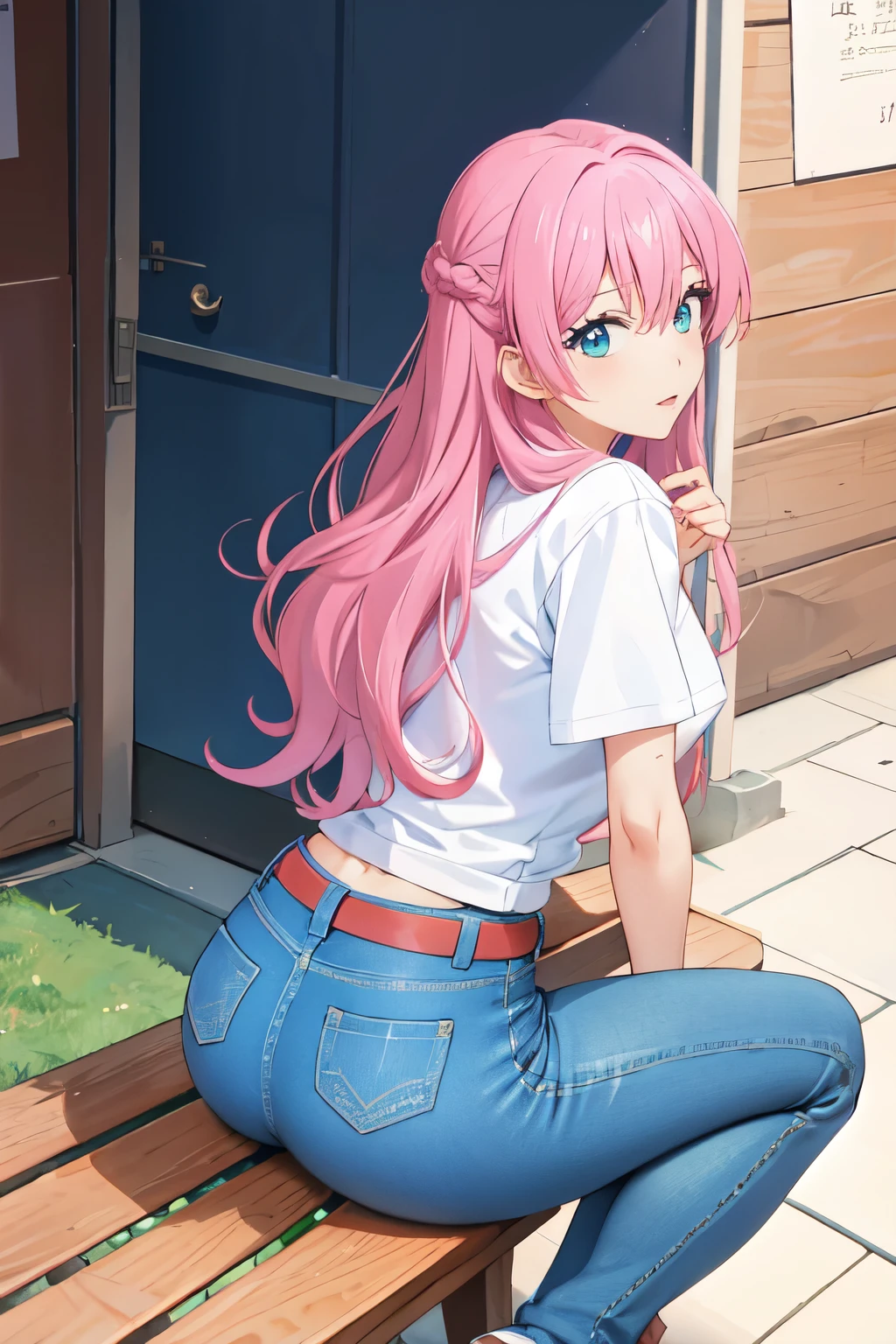 akari watanabe, long hair, solo, PERFECT ANATOMY,  pink hair, blue eyes, looking at viewer, round ass, thicc thighs,  1girl , tight jeans, sitting