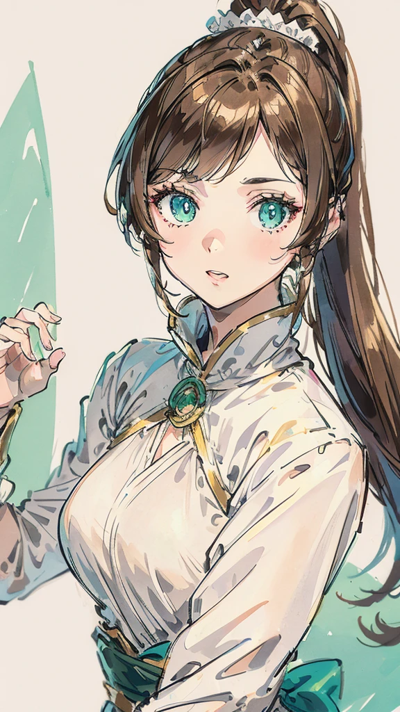 A young woman with light brown hair and a ponytail wearing a fantasy white costume、Green Eyes