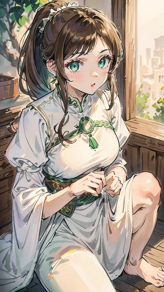A young woman with light brown hair and a ponytail wearing a fantasy white costume、Green Eyes