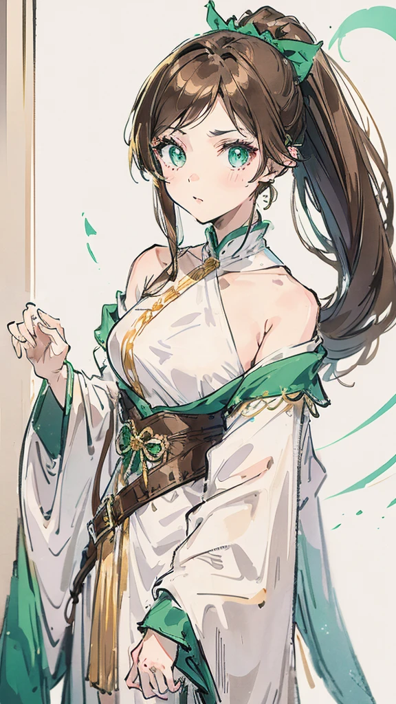 A young woman with light brown hair and a ponytail wearing a fantasy white costume、Green Eyes