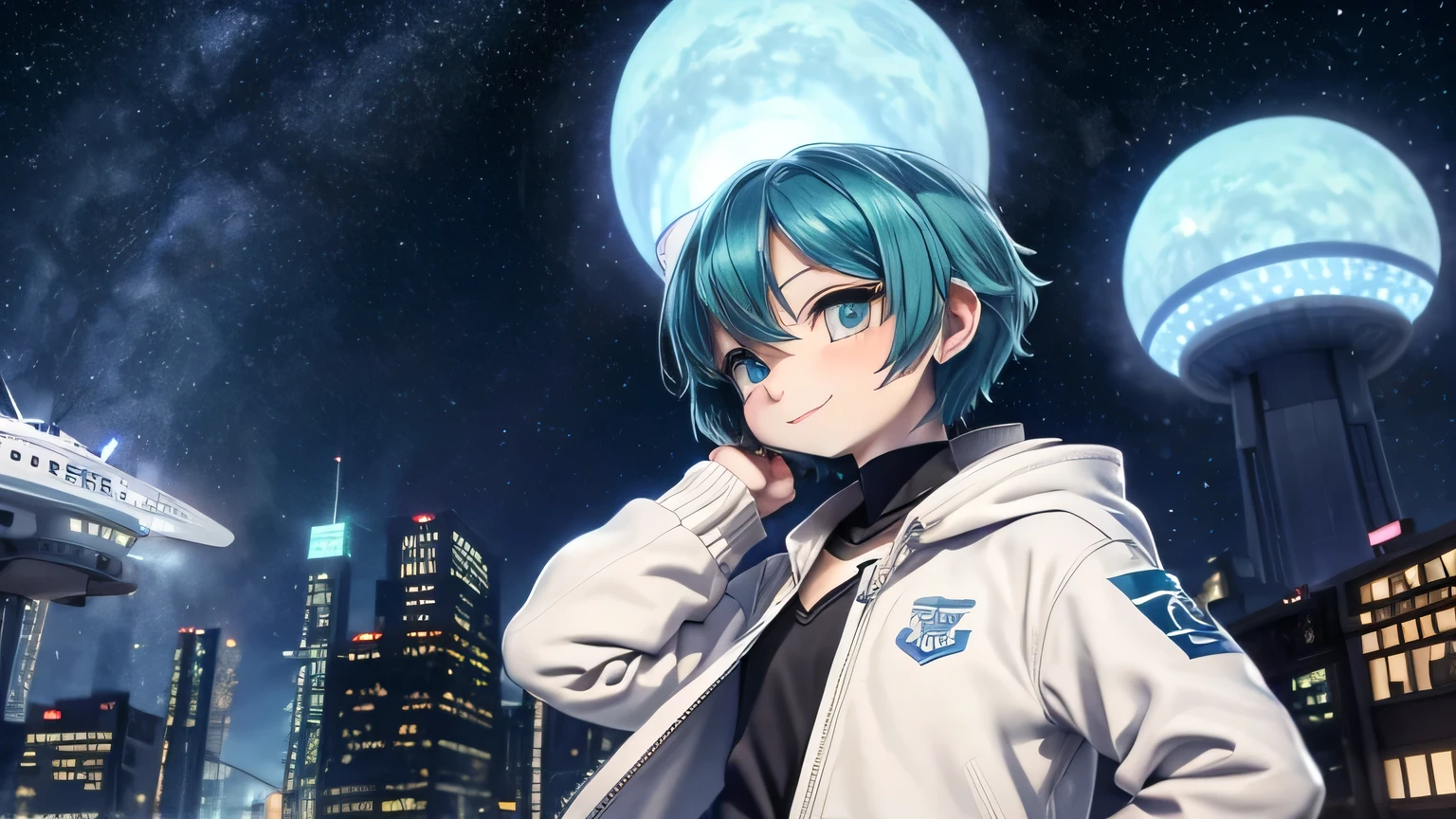 night,Starry Sky,Girl floating in the sky,girl１people,Futuristic buildings,Flying Airship,Looking up at the sky,Short Hair,emerald hair color,Blue Mesh,Blue Eyes,,Asian people,smile,Primary schoWhite skin,White shorts,White tank top,White jacket,Low - Angle,