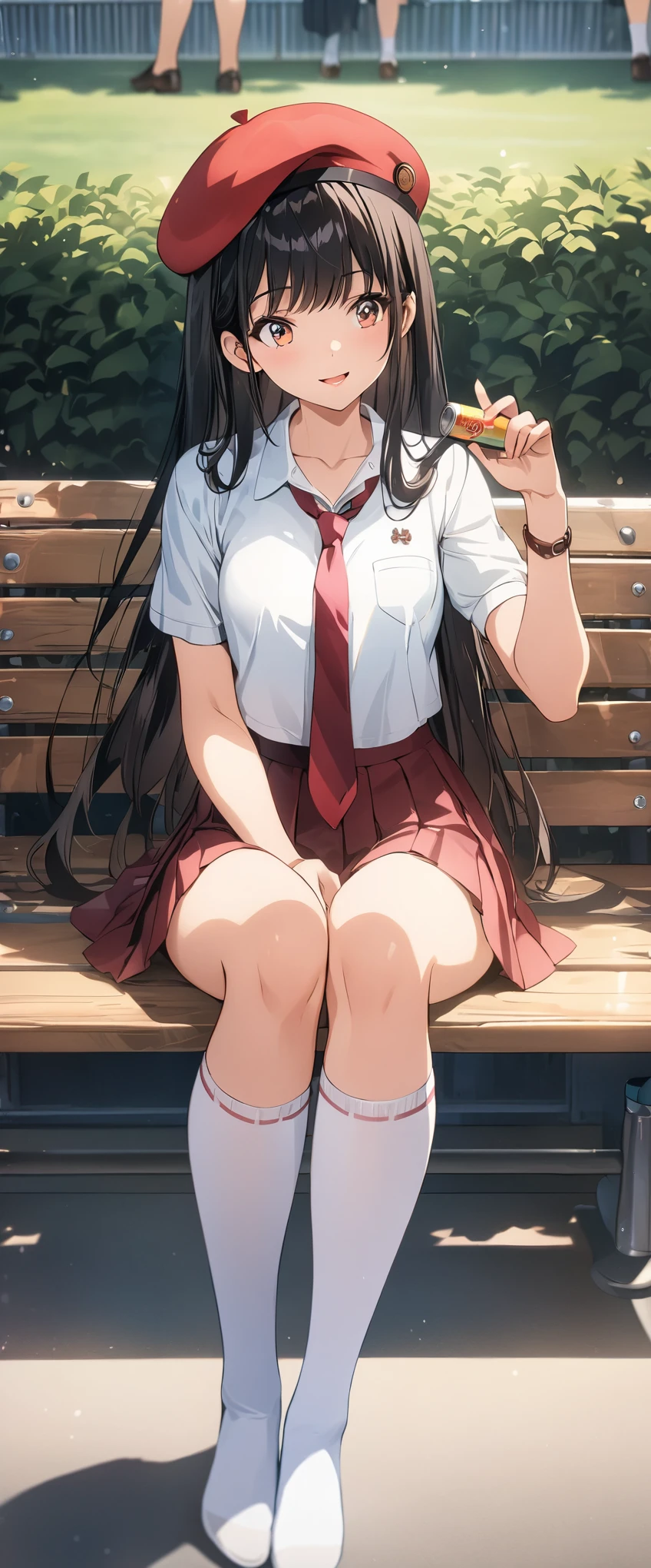 (masterpiece, best_quality), extremely detailed CG unity 8k wallpaper, super fine illustration, (anime_style), Woman posing for a photo, A shy smile, Small open mouth, Long Hair, Straight hair, Fine skin, Beautiful Hands, Beautiful fingers, Wearing a beret, tie, Small breasts, Short sleeve blouse, Pleated skirt, Thighs, Absolute area, Knee socks, Daytime, Hot summer day, School, Schoolyard, Sitting on a bench, holding Canned juice, Natural light, Detailed face:1.2, Sharp focus, Hasselblad Photos, masterpiece, light makeup, Cinematic lighting, 4k, sharpness, Anime Style, whole body, Canned juice, BREAK full body, looking at another, perfect anatomy, perfect body, (perfect arms), (perfect hands, perfect fingers), perfect legs, perfect feet, perfect toes, 5_fingers, (4_fingers,1_thumbs),