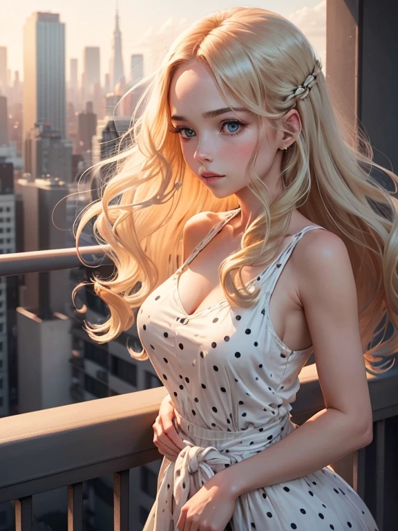 An image of a young woman standing on a balcony with a cityscape in the background. She faces the camera, her left hand gently touching her hair, projecting a thoughtful and elegant demeanor. Her expression is calm and serene. She has long, wavy blonde hair and wears a red, sleeveless dress with white polka dots, a draped neckline, and a gathered waist.
