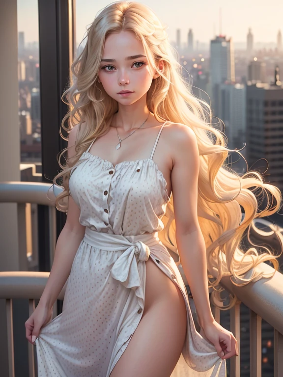 An image of a young woman standing on a balcony with a cityscape in the background. She faces the camera, her left hand gently touching her hair, projecting a thoughtful and elegant demeanor. Her expression is calm and serene. She has long, wavy blonde hair and wears a red, sleeveless dress with white polka dots, a draped neckline, and a gathered waist. 