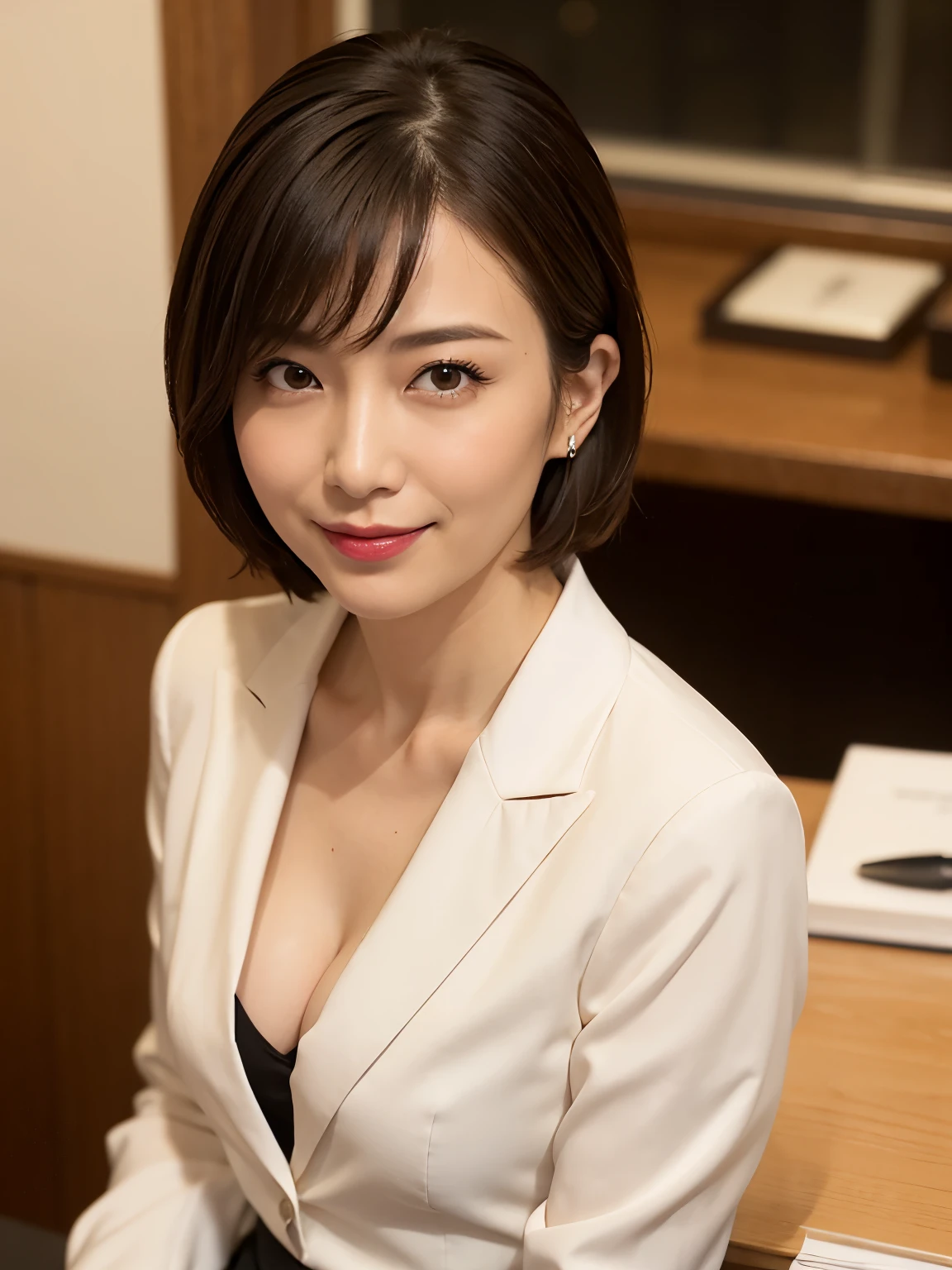 One Japanese woman, Detailed face, Red lipstick, Alluring expression, From the chest up, highest quality, Very detailed, Perfect Anatomy, In a suit, Short Hair, Straight Hair, Age 37, mature, Sexy smile, Well-shaped D-cup breasts, slouch, Cleavage, Modern Office, The night view can be seen from the window, (Looking at the camera), (From above)