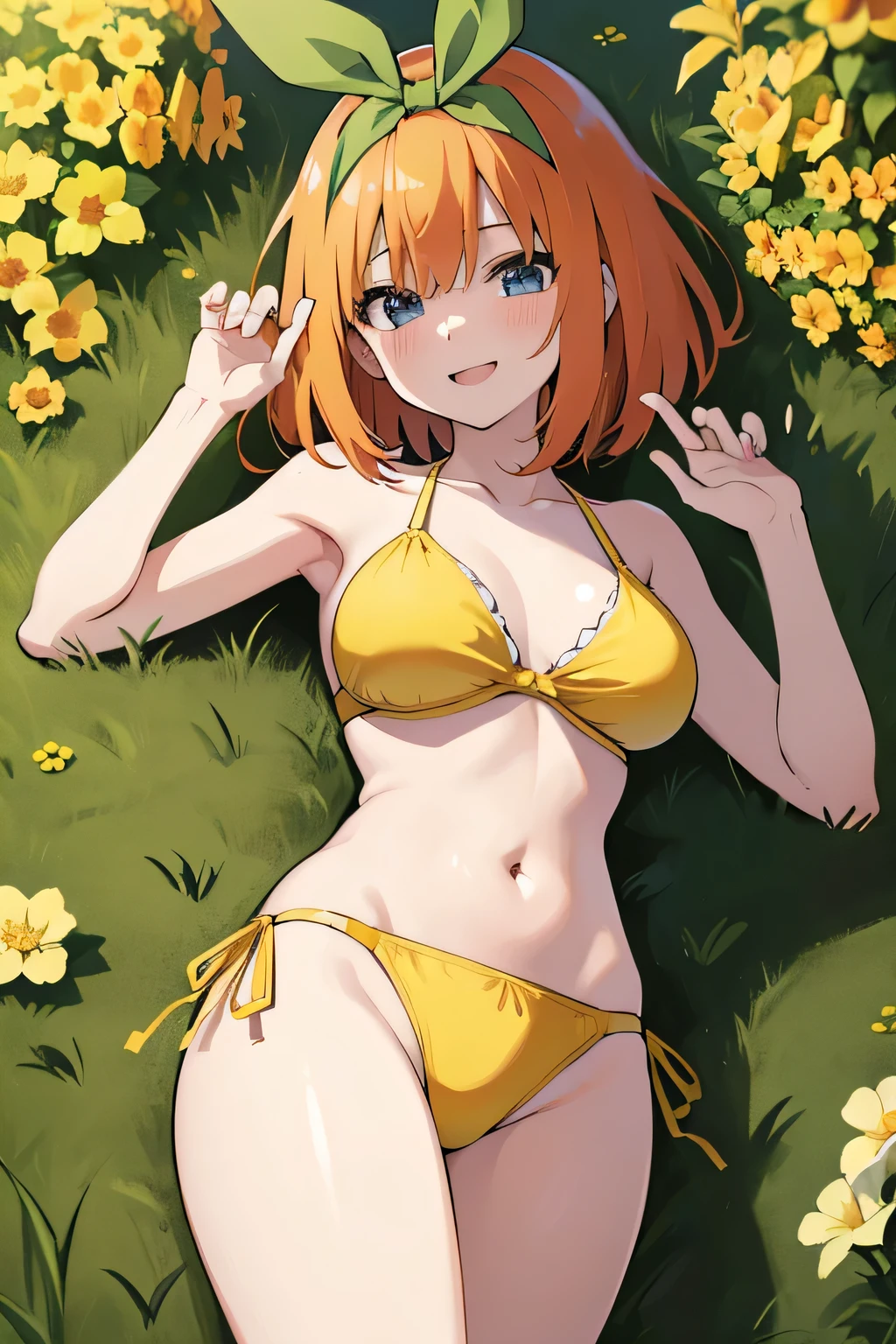 Nakano Yotsuba(five-minute bride)、One girl, masterpiece、highest quality、Orange Hair、Green hair ribbon,smile、((Yellow bikini )),grassland、Lots of flowers、Best illustrations、super high quality、Slender body、Slim body