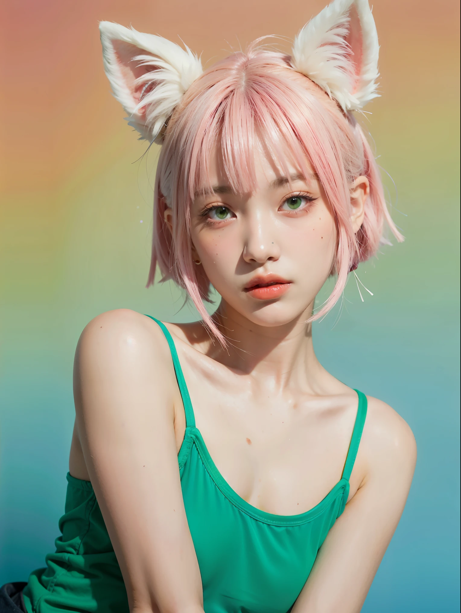 1girl, animal_ears, gradient, gradient_background, green_background, looking_at_viewer, pink_hair, solo by JM