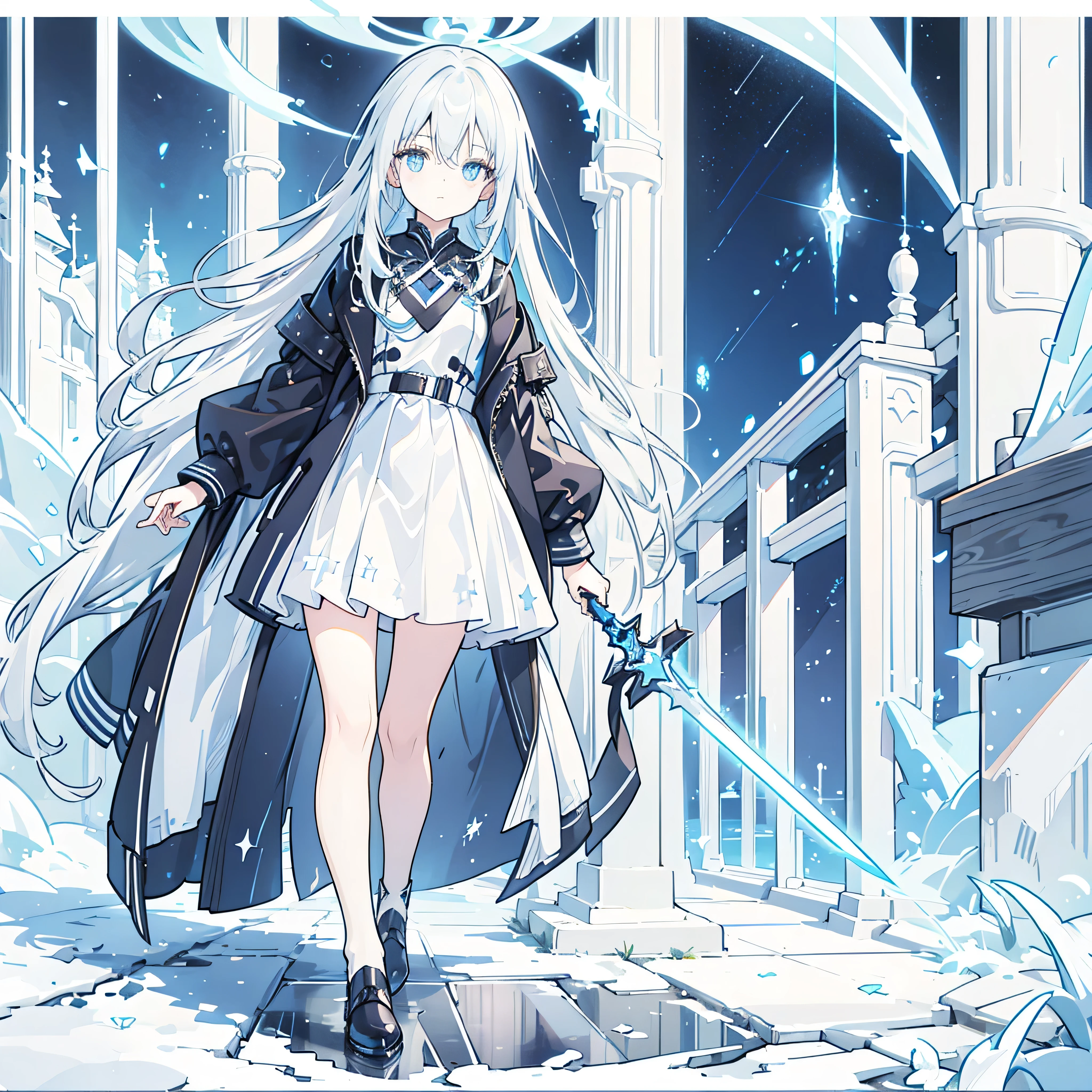 best quality, a girl with long bluish white hair, black leather jacket, black long skirt, blue eyes, walking under the starry sky, having a sword that made of ice, ice grows from beneath her feet