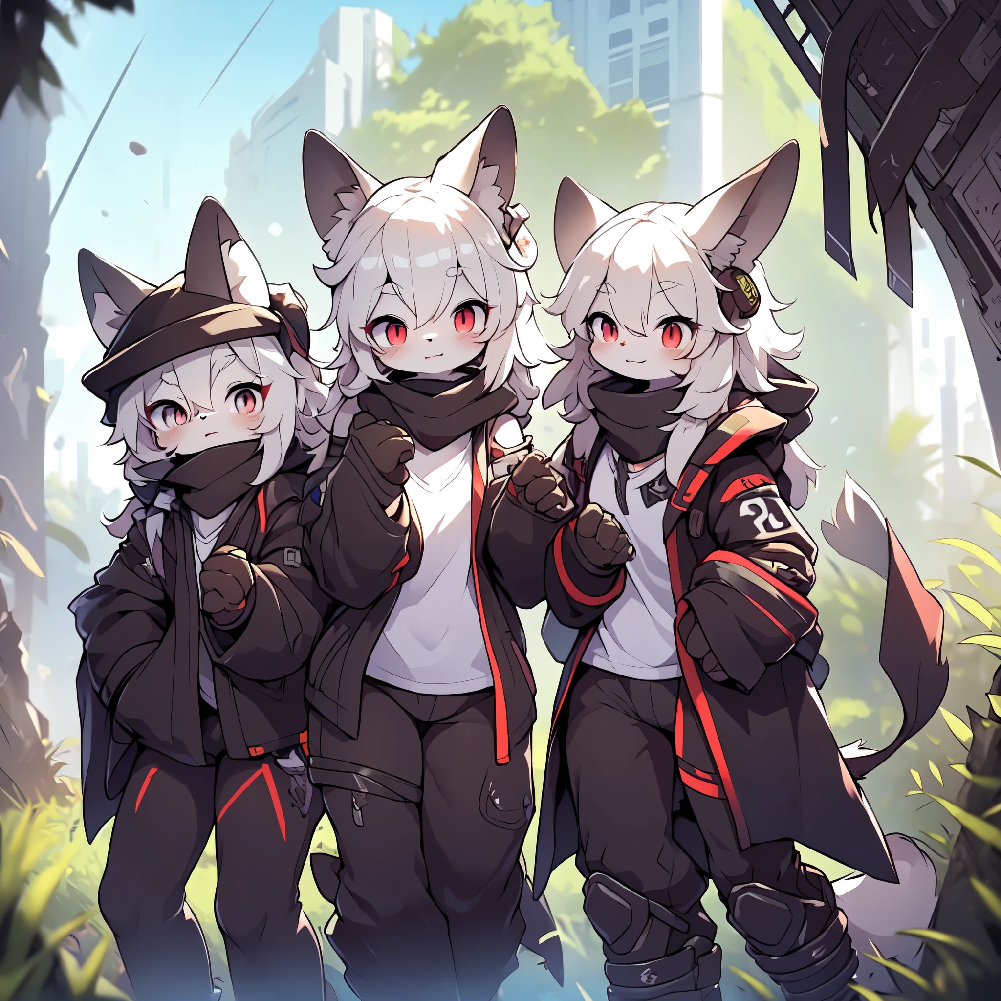Kawaii, Striped Fluffy Fox, emaciated, long hair, 3girls, artificial synthetic skin, life support prosthetics, digital headphones, black tight latex bodysuit, white long dress, thigh-high-socks, shorts, loose off-the-shoulder hood open jacket, holsters in thigh, Mechanical boots, tactical knee pads, tactical belted loose Arm Sleeves, cybernetic Display gloves, chest rigs, tactical belts, blue archive halo, bulletproof goggles on forehead, from Ark nights, ray tracing, depth of field, bloom, masterpiece, ccurate, high details, highres