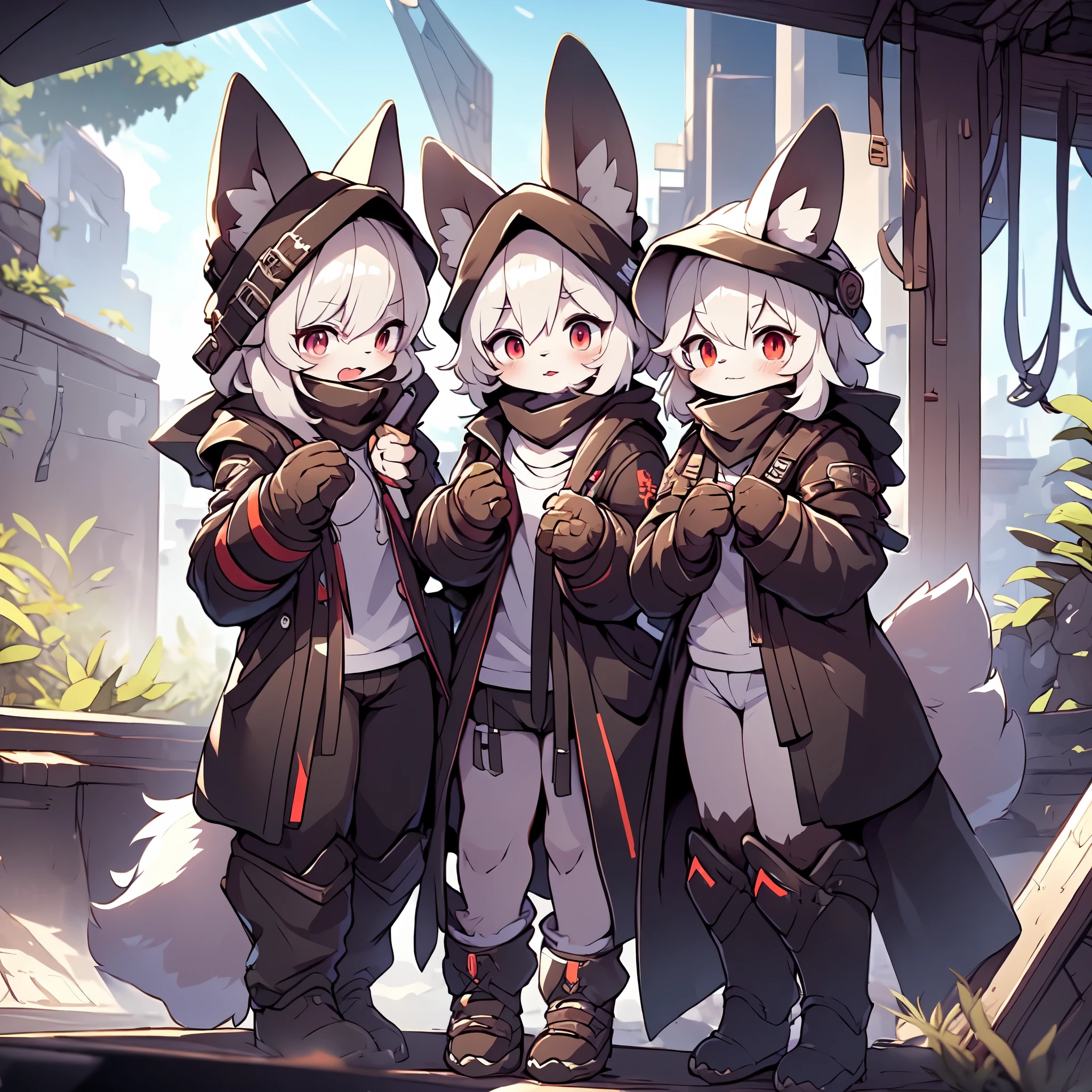 Kawaii, Striped Fluffy Fox, emaciated, long hair, 3girls, artificial synthetic skin, life support prosthetics, digital headphones, black tight latex bodysuit, white long dress, thigh-high-socks, shorts, loose off-the-shoulder hood open jacket, holsters in thigh, Mechanical boots, tactical knee pads, tactical belted loose Arm Sleeves, cybernetic Display gloves, chest rigs, tactical belts, blue archive halo, bulletproof goggles on forehead, from Ark nights, ray tracing, depth of field, bloom, masterpiece, ccurate, high details, highres