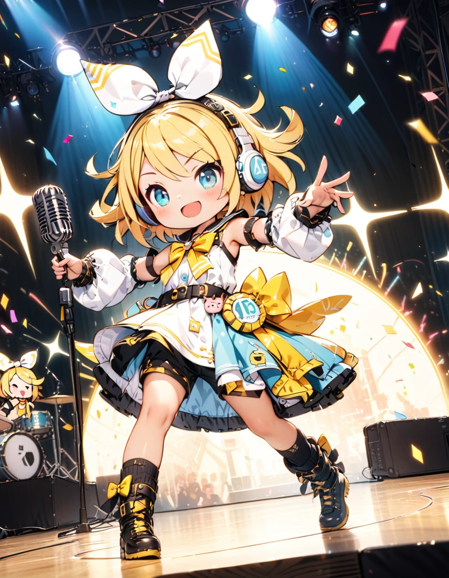 KAGAMINE RIN\(vocaloid\),solo,1female\(cute,kawaii,,KAGAMINE RIN\(vocaloid\),light yellow hair, short hair,red tattoo of numbers"02" on shoulder,(big white bow),sleeveless white shirt,detached black arm bell sleeves,(arm sleeves are black bell sleeves:1.2),belt,sailor collar,yellow wide tie,white headphones,black shorts,black  knee high leg warmers,yellow key strap at belt,open shoulder,singing and dancing,(very cute pose),(korean idol pose),dynamic pose,(cute big smile),(full body),looking away\), BREAK ,background\((live stage),colorful confetti,pastel color spotlights,(many colorful music notes),(many audience),\), BREAK ,quality\(8k,wallpaper of extremely detailed CG unit, ​masterpiece,hight resolution,top-quality,top-quality real texture skin,hyper realisitic,increase the resolution,RAW photos,best qualtiy,highly detailed,the wallpaper,cinematic lighting,ray trace,golden ratio\),RIN is so so cute,dynamic angle,long shot,wide shot,(aerial view:0.3),[chibi],(anatomically correct hand),5fingers