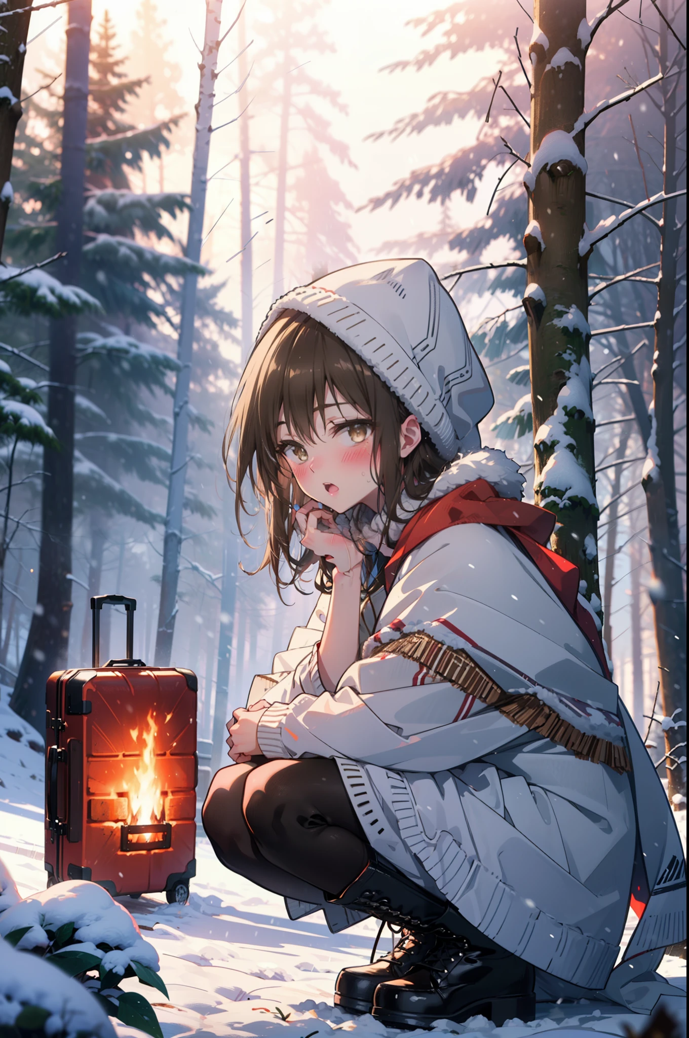 yuikotegawa, Yui Kotegawa, Black Hair, (Brown eyes:1.5),blush,White Breath,
Open your mouth,snow,Ground bonfire, Outdoor, boots, snowing, From the side, wood, suitcase, Cape, Blurred, having meal, forest, White handbag, nature,  Squat, Mouth closed, Cape, winter, Written boundary depth, Black shoes, red Cape break looking at viewer, Upper Body, whole body, break Outdoor, forest, nature, break (masterpiece:1.2), highest quality, High resolution, unity 8k wallpaper, (shape:0.8), (Beautiful and beautiful eyes:1.6), Highly detailed face, Perfect lighting, Extremely detailed CG, (Perfect hands, Perfect Anatomy),