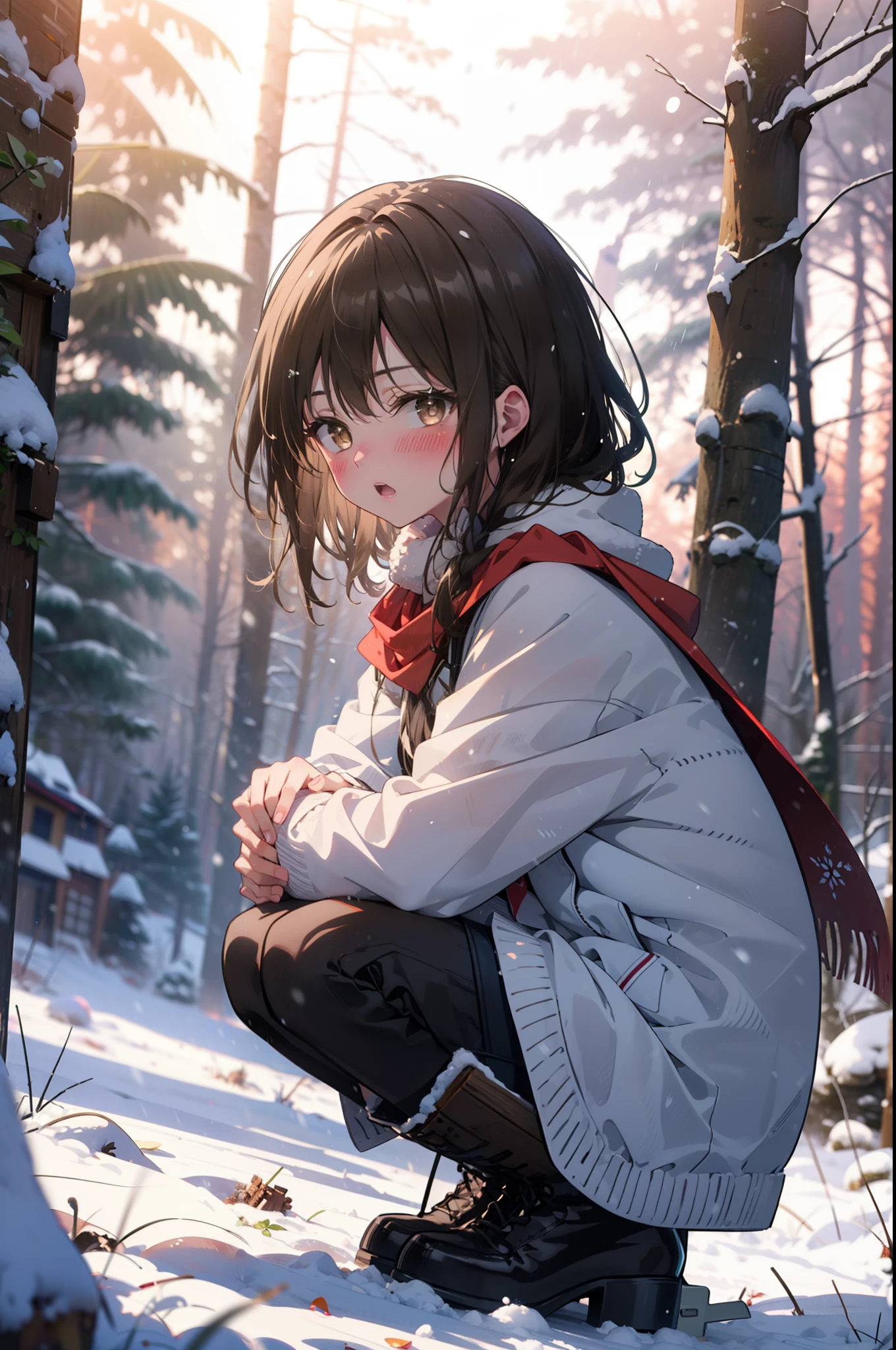 yuikotegawa, Yui Kotegawa, Black Hair, (Brown eyes:1.5),blush,White Breath,
Open your mouth,snow,Ground bonfire, Outdoor, boots, snowing, From the side, wood, suitcase, Cape, Blurred, having meal, forest, White handbag, nature, Squat, Mouth closed, Cape, winter, Written boundary depth, Black shoes, red Cape break looking at viewer, Upper Body, whole body, break Outdoor, forest, nature, break (masterpiece:1.2), highest quality, High resolution, unity 8k wallpaper, (shape:0.8), (Beautiful and beautiful eyes:1.6), Highly detailed face, Perfect lighting, Extremely detailed CG, (Perfect hands, Perfect Anatomy),