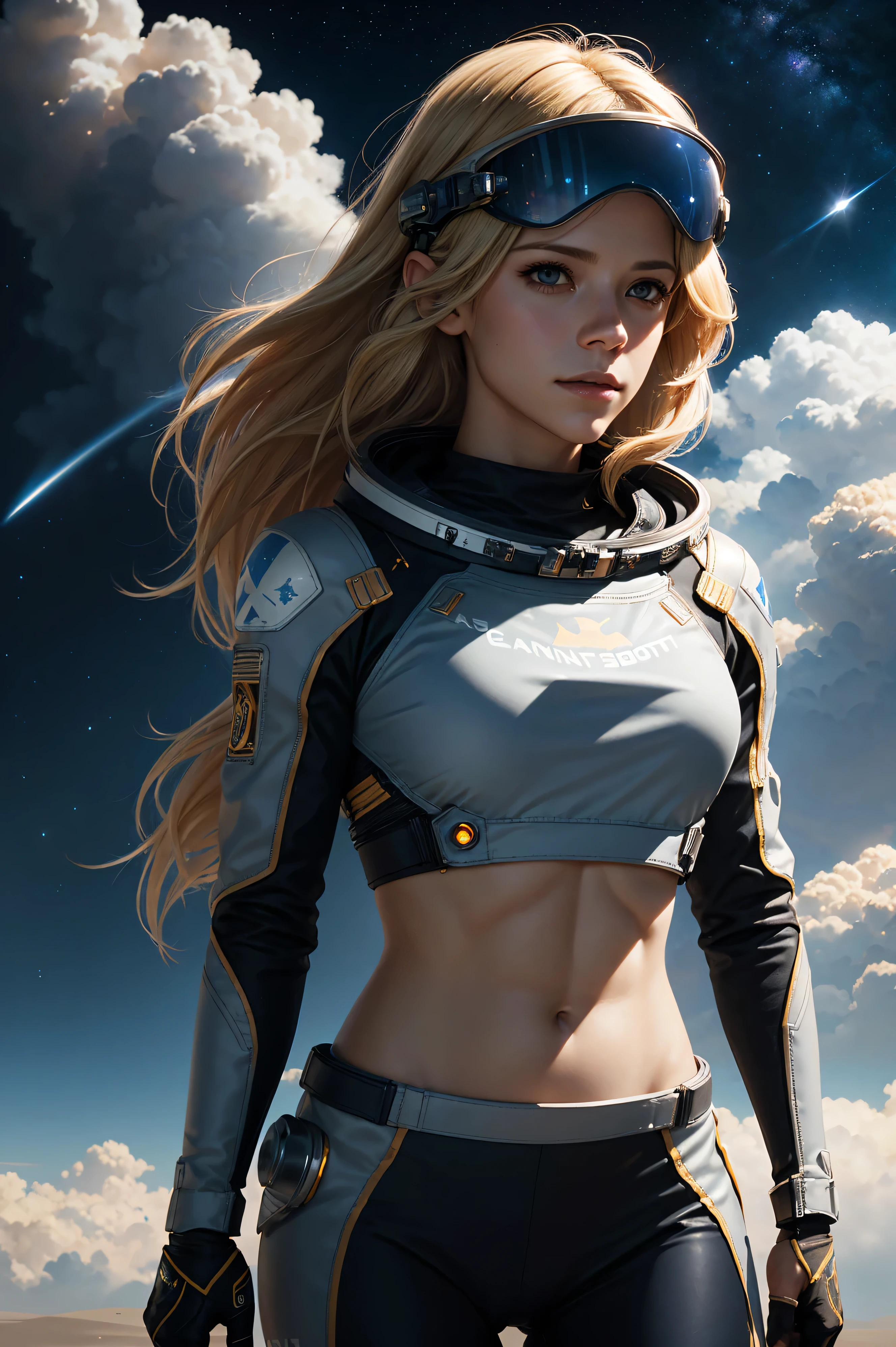 portrait of a blond hair Lyndsy Fonseca with astronaut helmet walking, visor, stars, planet, clouds, crop top, abs, wlop, rossdraws, artgerm, artstation, greg rutkowski