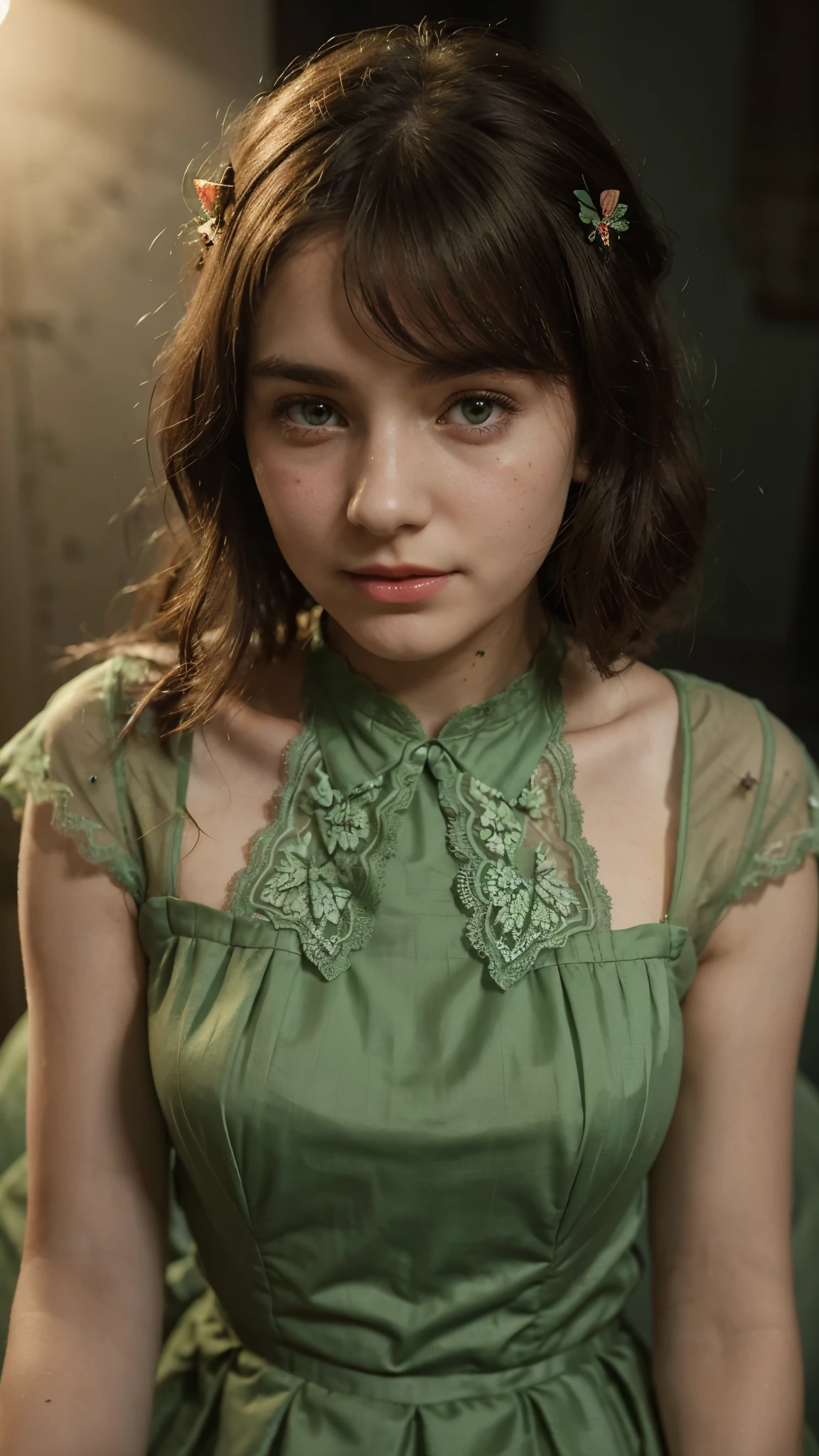 (simple style), green dress, Butterfly heart, pleated lace, Edwardian lace dress. add skin blemishes, acnes, spots beautifully, little smils, red lips, night time, super cute and gorgeous,