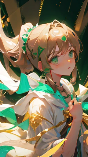 A young woman with light brown hair and a ponytail wearing a fantasy white costume、Green Eyes