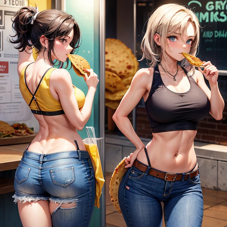 A woman wearing a tank top and saggy jeans eating a taco at a taco shop Jeans have belts Belly button piercing Jeans have a zipper from the crotch to the butt