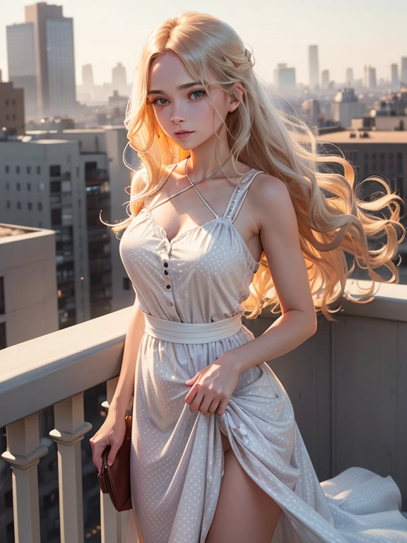 An image of a young woman standing on a balcony with a cityscape in the background. She faces the camera, her left hand gently touching her hair, projecting a thoughtful and elegant demeanor. Her expression is calm and serene. She has long, wavy blonde hair and wears a red, sleeveless dress with white polka dots, a draped neckline, and a gathered waist. 