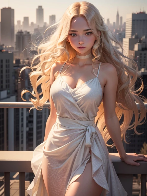 An image of a young woman standing on a balcony with a cityscape in the background. She faces the camera, her left hand gently touching her hair, projecting a thoughtful and elegant demeanor. Her expression is calm and serene. She has long, wavy blonde hair and wears a red, sleeveless dress with white polka dots, a draped neckline, and a gathered waist.