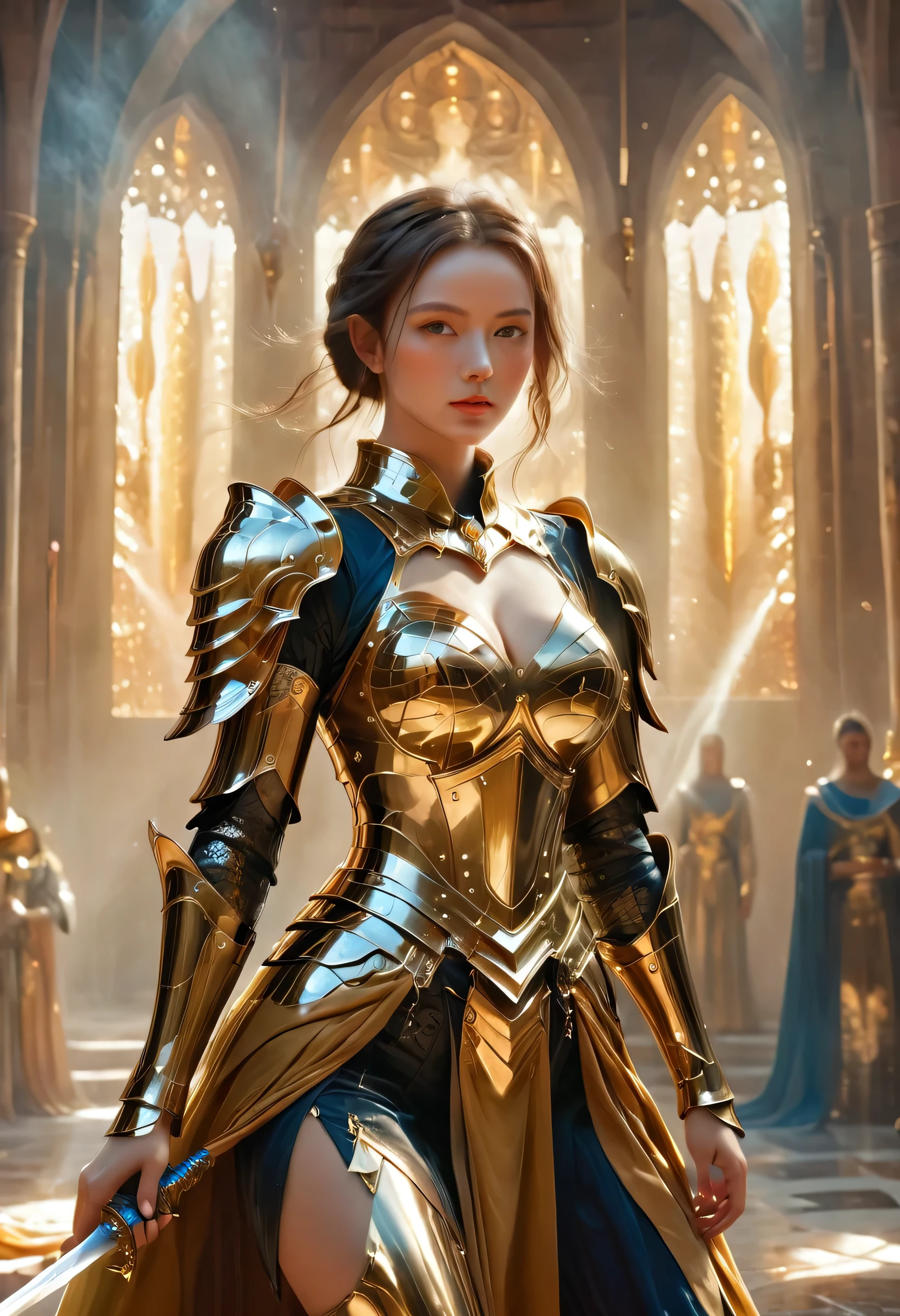 The painting shows a woman wearing armor and holding a sword, golden armor, beautiful female knight, light gold, golden obsidian armor, golden goddess Athena, smooth golden armor, (knee shot: 1.5), sexy, blue Eyes, oversized breasts, pointed big breasts, gorgeous jewelry, slightly parted lips, keep lips elegant and charming, (blush), contempt, calm and handsome, oc rendering reflective texture, sexy style, medieval castle background, slim, waistline Very small, (erect nipples seen groovedresasterpiece, best quality, high resolution, 8k, original photos, real pictures, digital photography, (ultra high definition, anatomically correct, textured skin, accurate, award winning honor)