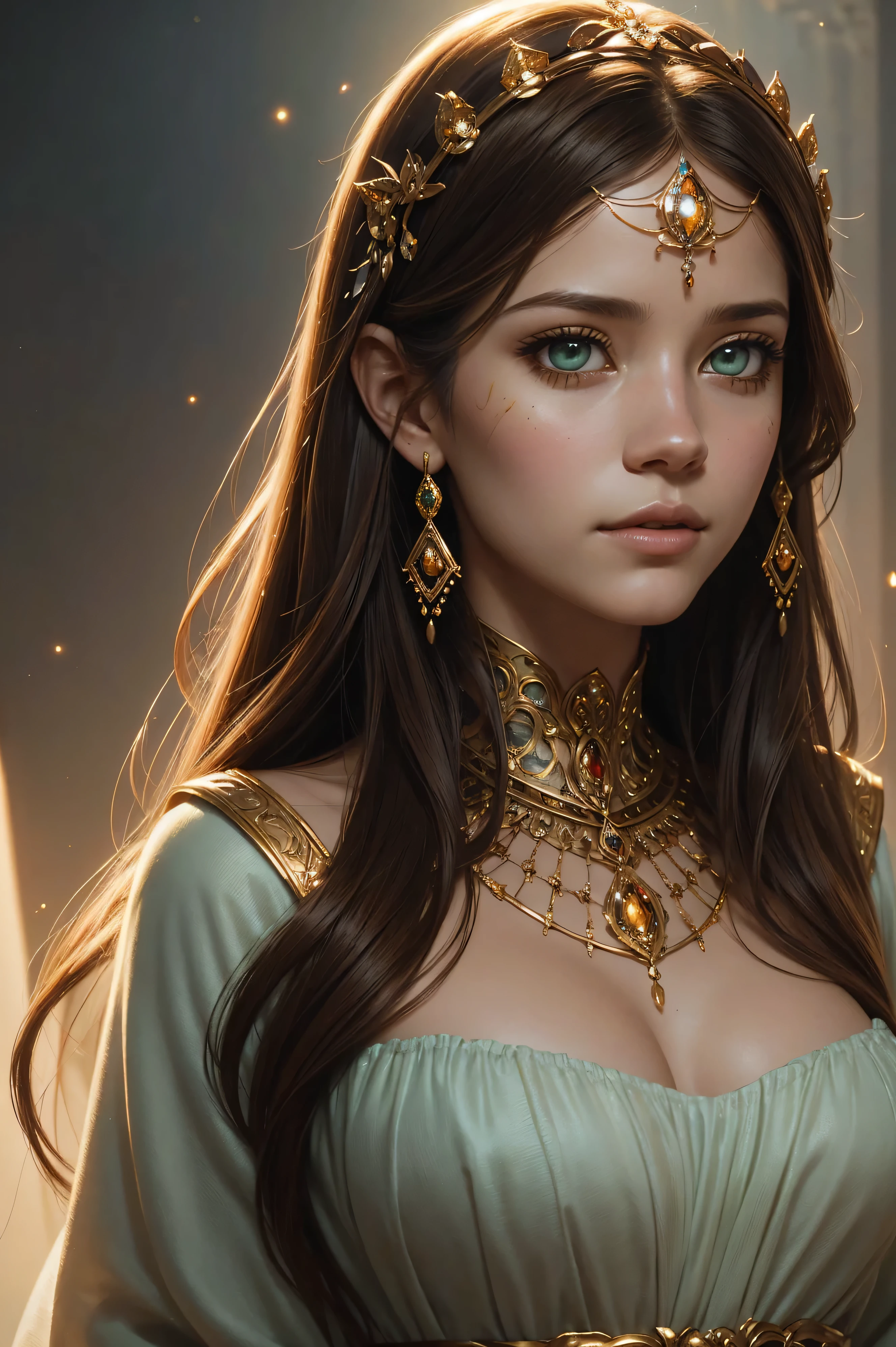 Beautiful portrait of Lyndsy Fonseca an attractive inidan princess, beautiful princess, round shaped face, glowing glass skin, sparkling hazel green eyes, highlighted chestnut brown long straight hair, adorned in intricate golden jewelry, confident half smile, face painting, dramatic lighting, intricate, wild, exotic beauty, highly detailed, digital painting, artstation, concept art, smooth, sharp focus, illustration, art by artgerm and greg rutkowski and alphonse mucha, footage from space camera