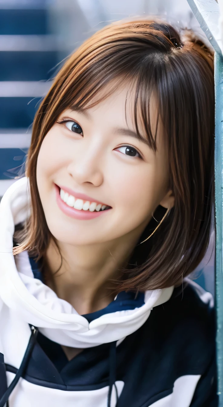 8K、highest quality、Clear beauty、hoodie、smile、Beautiful teeth alignment、(Gums are visible)Black Hair、ear piercing、Upper Body、The background is a staircase