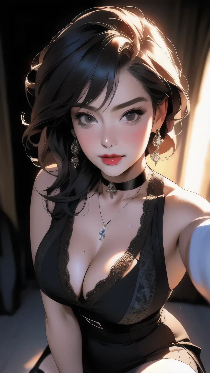 Sexy pose, night, Latina, face, Sweaty, ((masterpiece)), ((highest quality)), ((Intricate details)), (Surreal)), An absurd solution,, Mature Woman, perspective, Very detailed, figure, ((One girl)), (((big)), Perfect hands, Detailed fingers, Beautiful fine details, short hair, Brown eyes, Cleavage, Rainbow Dress, Black Choker, Earrings, stockings, Detailed Background, Perfect Eyes, Viewers from the front, Open legs, 