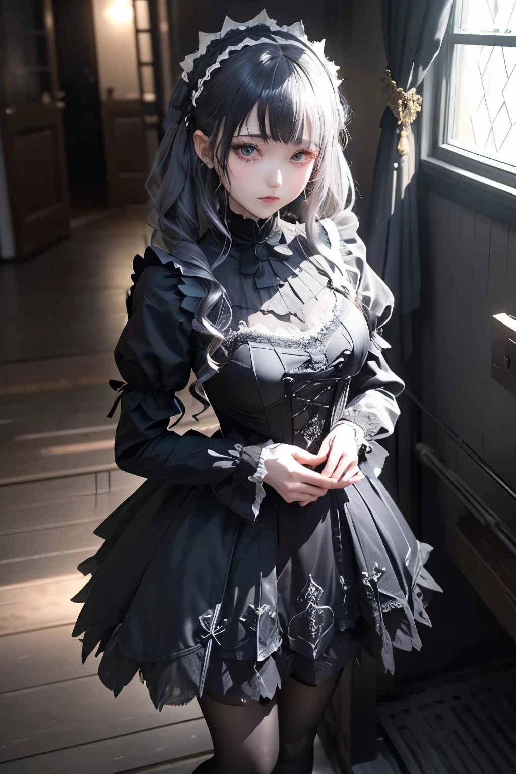 ハードDark Gothicメイク、Deep Night Sky、Horror、Black dark eyeshadow、cry、sad、Good skin radiance、Dark Gothicメイク、Dark smile、palace、The beauty of fragrance、24-years-old、Expressions of intense sexual pleasure、Embarrassed look、Dark Gothic、Obscene language、highest quality、Expression of sexual pleasure amid suffering、Drunk face、紫のMaid clothes、Mysterious、Noble、The face of someone who is holding in the toilet、sexy、Loving smile、Twin tail hair、Right blue eye, Left eye is red、Super seductive pose、Platform Heel Shoes、Heavy makeup、Gothic Lolita Clothing、A little slimmer、Silver Hair、Long Hair Straight Hair、Cute Gothic Lolita Dress、Beautiful Face、elegant features、Fascinating face、Stained glassが背景、Chest glistening with sweat、The room is dark、goth long dress、Bell Sleeves、Wizard Sleeve、Decadent look、Sexually excited expression、Glossy thighs wet with water、Thighs that are wet and shiny with oil、Background of a room full of roses、sad表情、Rose Maiden、The embroidery is pink、The dress has pink embroidery、Thigh-high socks、Knee-high socks、Gentle expression、Dark black eyeshadow、despicable act、Stained glassと薔薇背景、thighs are a little thin、Female Duo、Female couple、dark church background、Stained glass、Black metal world、Dark Castle、Dark Room、Slender body、upright、walk、Are standing、gothic long dresaid clothes、Victorian dresses、Her thighs glisten with sweat、My body is wet and shiny、Lots of glitter on the thighs、sweating、My thighs are sticky from sweating、Sweat glistens on the thighs, The whole body is sweaty and shiny、Quite sweaty、My thighs are sweaty、My thighs are so wet、My thighs are shining with sweat、A lot of sweat glistens all over the body、The thighs are the best、Thighs are glamorous、