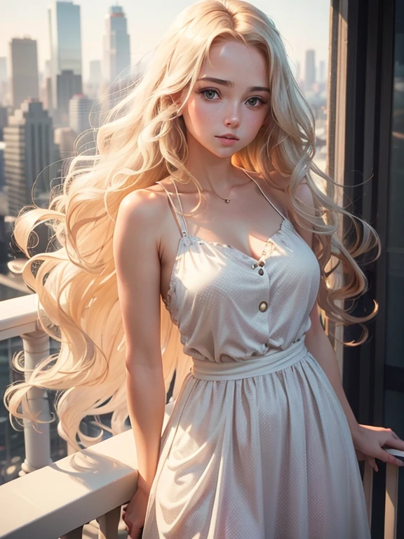 An image of a young woman standing on a balcony with a cityscape in the background. She faces the camera, her left hand gently touching her hair, projecting a thoughtful and elegant demeanor. Her expression is calm and serene. She has long, wavy blonde hair and wears a red, sleeveless dress with white polka dots, a draped neckline, and a gathered waist.