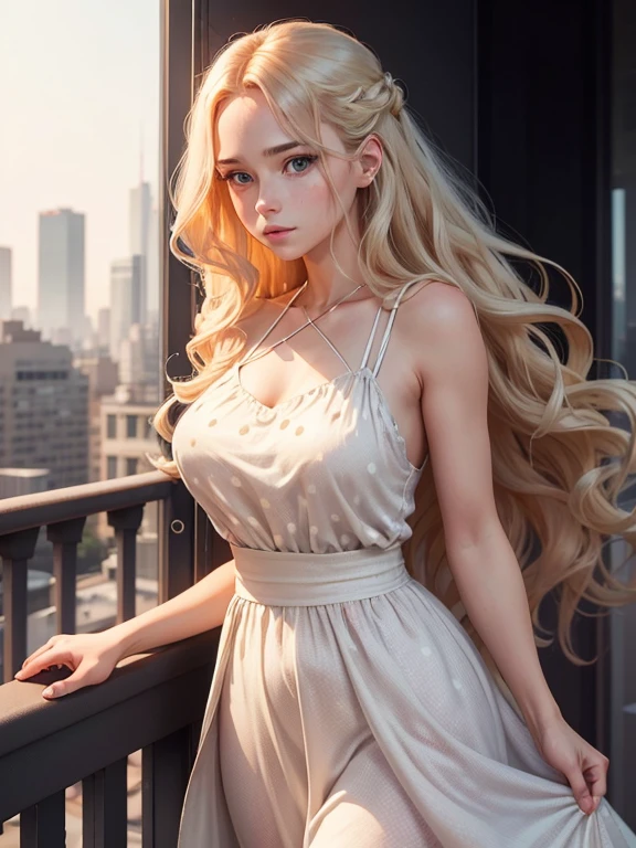 An image of a young woman standing on a balcony with a cityscape in the background. She faces the camera, her left hand gently touching her hair, projecting a thoughtful and elegant demeanor. Her expression is calm and serene. She has long, wavy blonde hair and wears a red, sleeveless dress with white polka dots, a draped neckline, and a gathered waist.