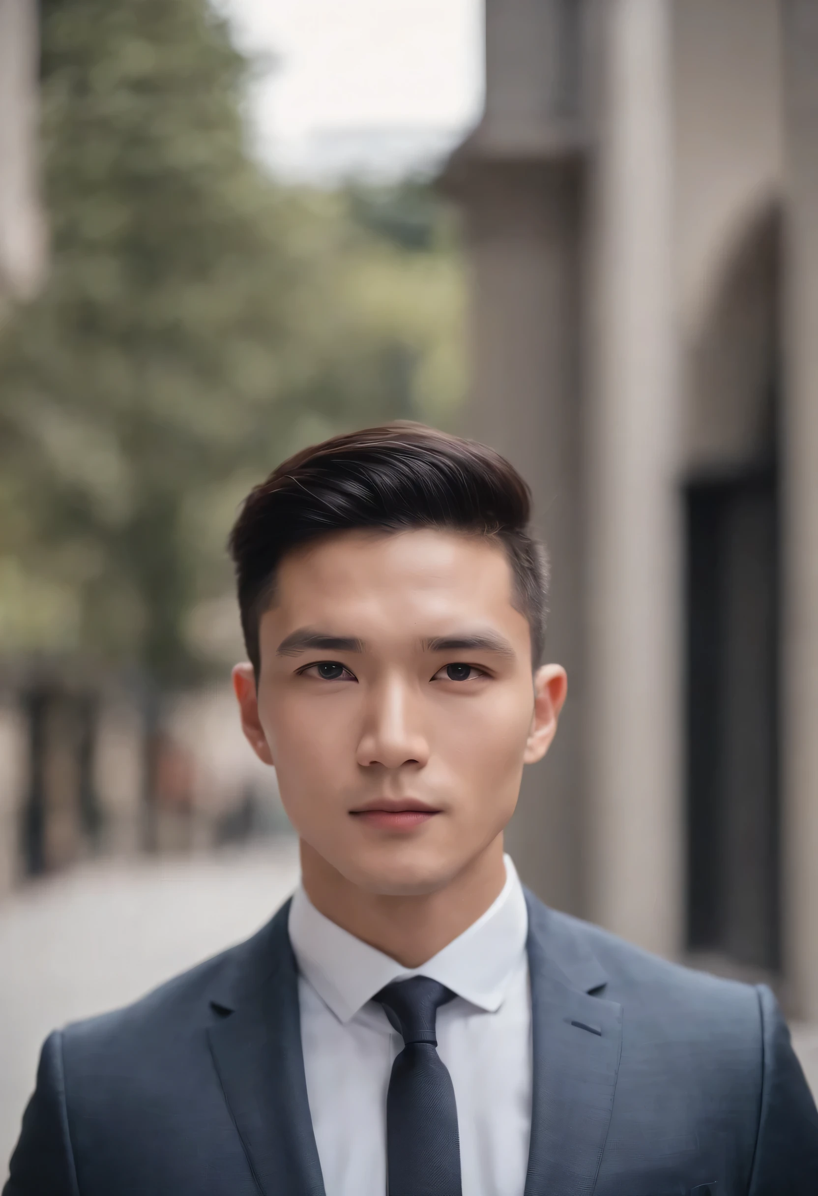 Attractive 27-year-old athlete with short black hair Mandarin style and Hugo Boss business suit、a handsome, positioning in center