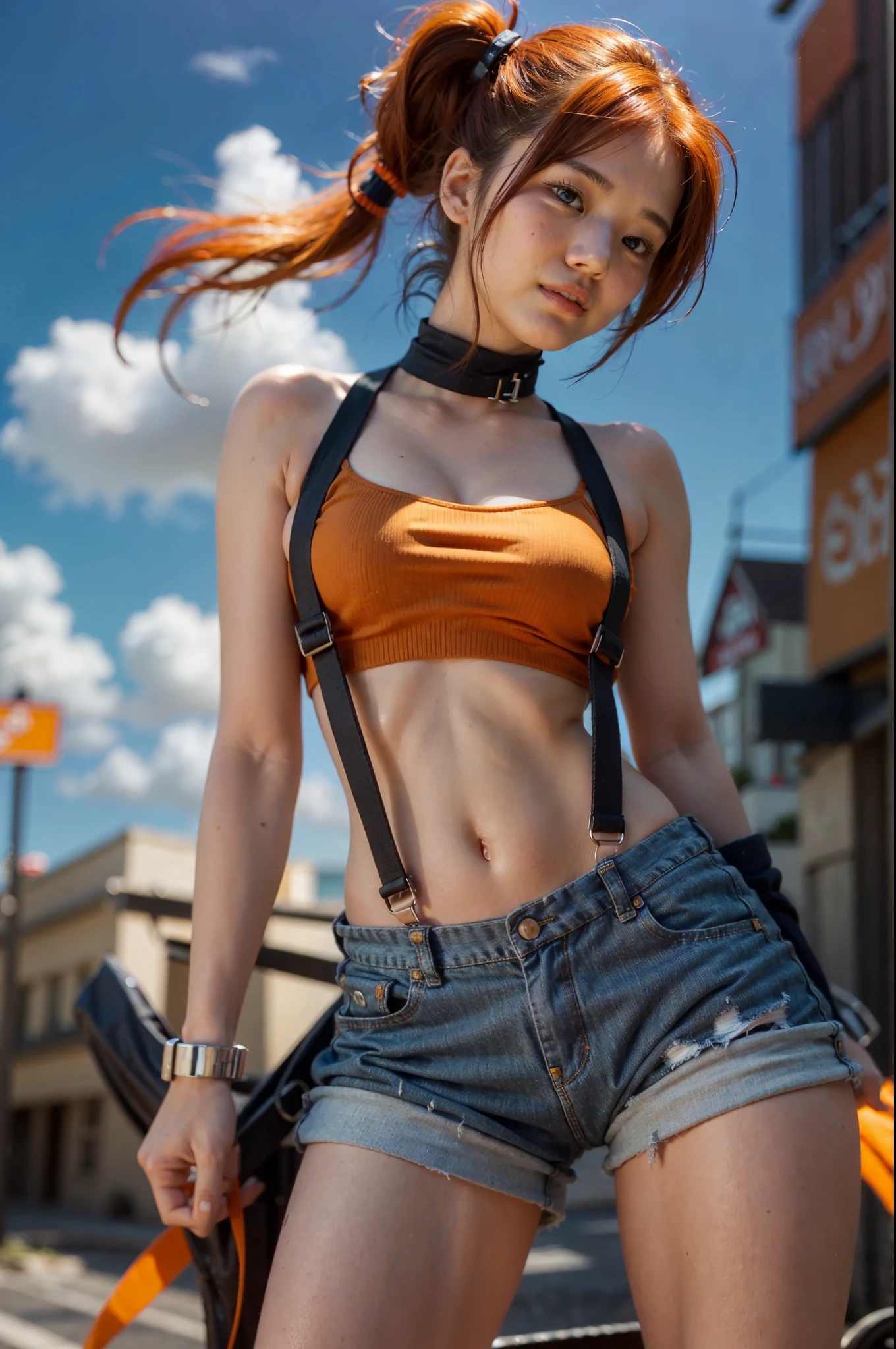 The centerpiece of the image is Misty from Pokémon, standing outdoors with a confident smile. She has orange hair styled in a side ponytail, and is wearing denim shorts with suspenders over a ((black crop top)) that shows off her midriff and navel. Her short hair frames her face, while her cowboy shot posture exudes confidence and strength. ((orange-colored hair)), (collar bones), (breast gap)

Misty is accompanied by a cute Dragon.

Overall, the image is a masterpiece, with high-quality details and a realistic rendering of Misty, her outfit, and her companion monsterfish. The colors are vivid and eye-catching, and the image is high-resolution, capturing every nuance of Misty's confident and adventurous spirit.