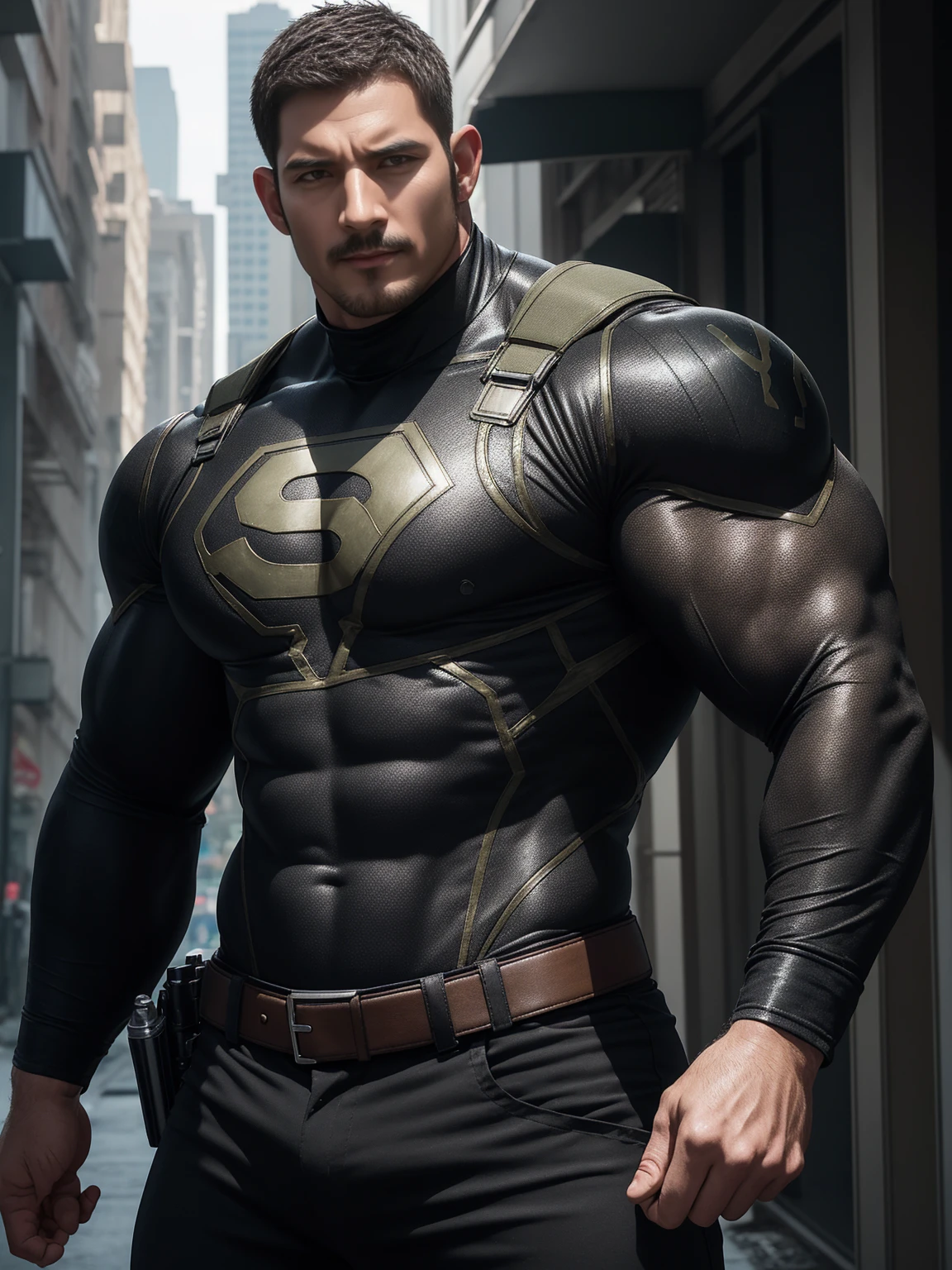 张嘴尖叫muscular police officer, On the old-style outdoor streets, Wear a brown superhero bodysuit with long sleeves, Elastic spandex material,The expression is arrogant, Lift your chin, Messy hair, Thick thighs, Brown Superhero Bodysuit with Turtleneck and Long Sleeves, very tight, Regular symmetrical pattern, Highlight muscles, Police uniform pants, character concept(Resident Evil - Chris Redfield, Chris Redfield)A proud expression, Deep and charming eyes, Heroic male pose, tall Burly, muscular!muscular thighs, tough guy, perfect facial features, High, Burly, Heqiang, Super polished and cool, High Resolution Committee, Charismatic, The sun is blazing, dazzling