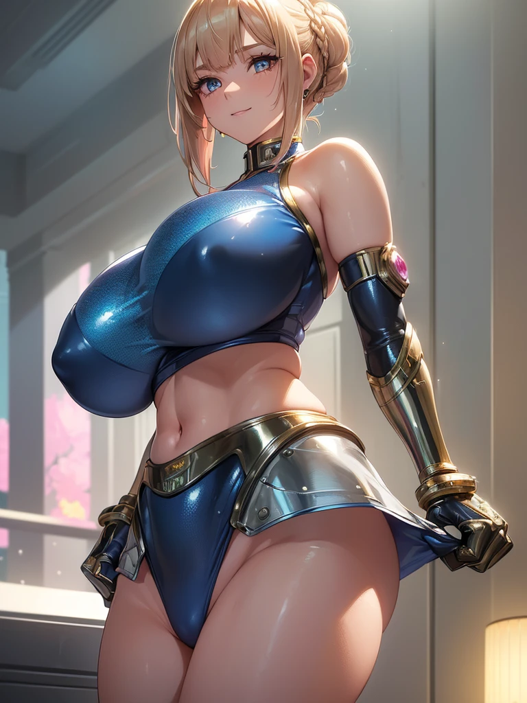 (((masterpiece))), (((best quality))), ((ultra-detailed)), (illustration), ((an extremely delicate and beautiful)), ((super detail)), ((high resolution)), (((20 years old))), ((metallic cloth)), (cheerleader), (super heroine), (android), delicate metal decorations, gleaming skin, shiny body, two legs, breast focus, (((tall))), slender legs, ((big round eyes)), cute eyes, drooping eyes, ((adult)), two hands, five fingers, no extra hands, elegant smile, braid, ((metallic blue)), (see-through), (pink blonde), (((ultra-huge breasts))), (shining brightly), outdoor, mini skirt, daytime, ((biopunk)), (hair shorter than shoulder), (medium length hair), gynoid, (metallic shining competition swimsuit), city, ((midriff-baring outfit)),